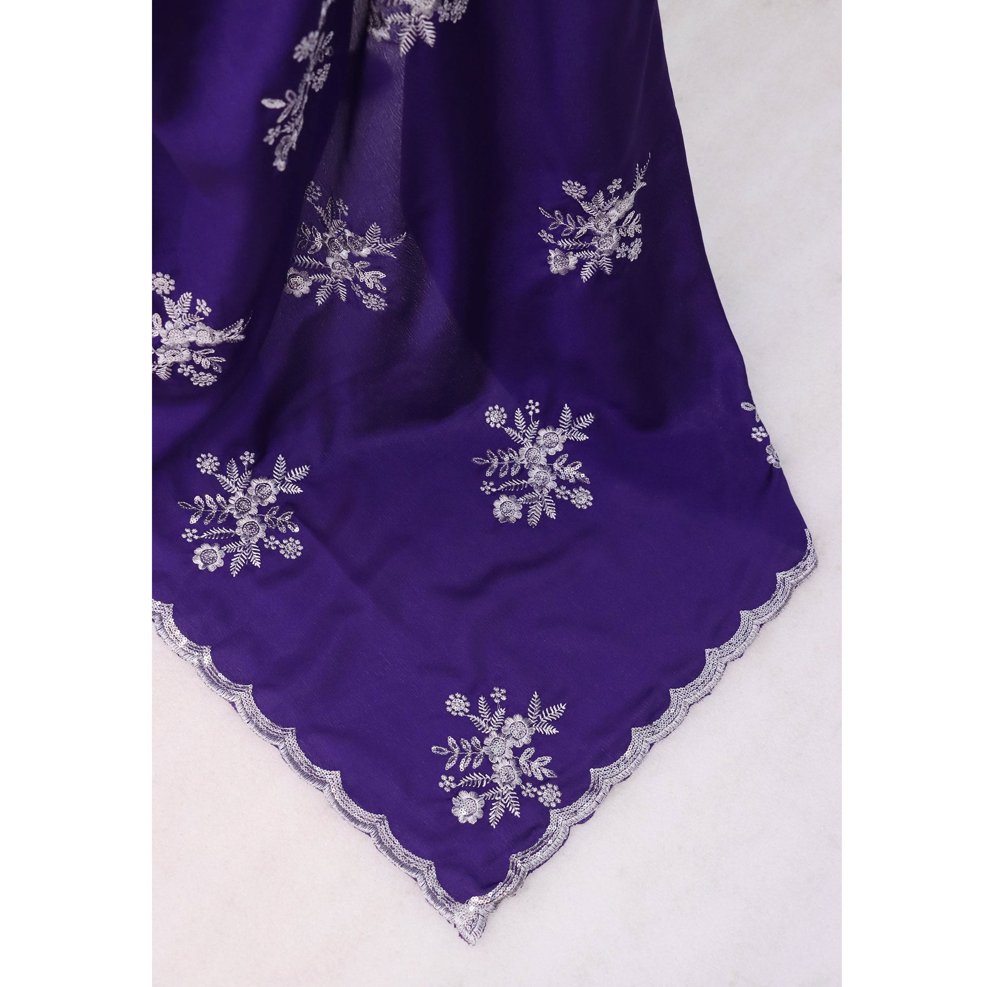 Royal Purple Chinon Saree Adorned With Zari Floral Embroidery & Gleaming Sequins Work