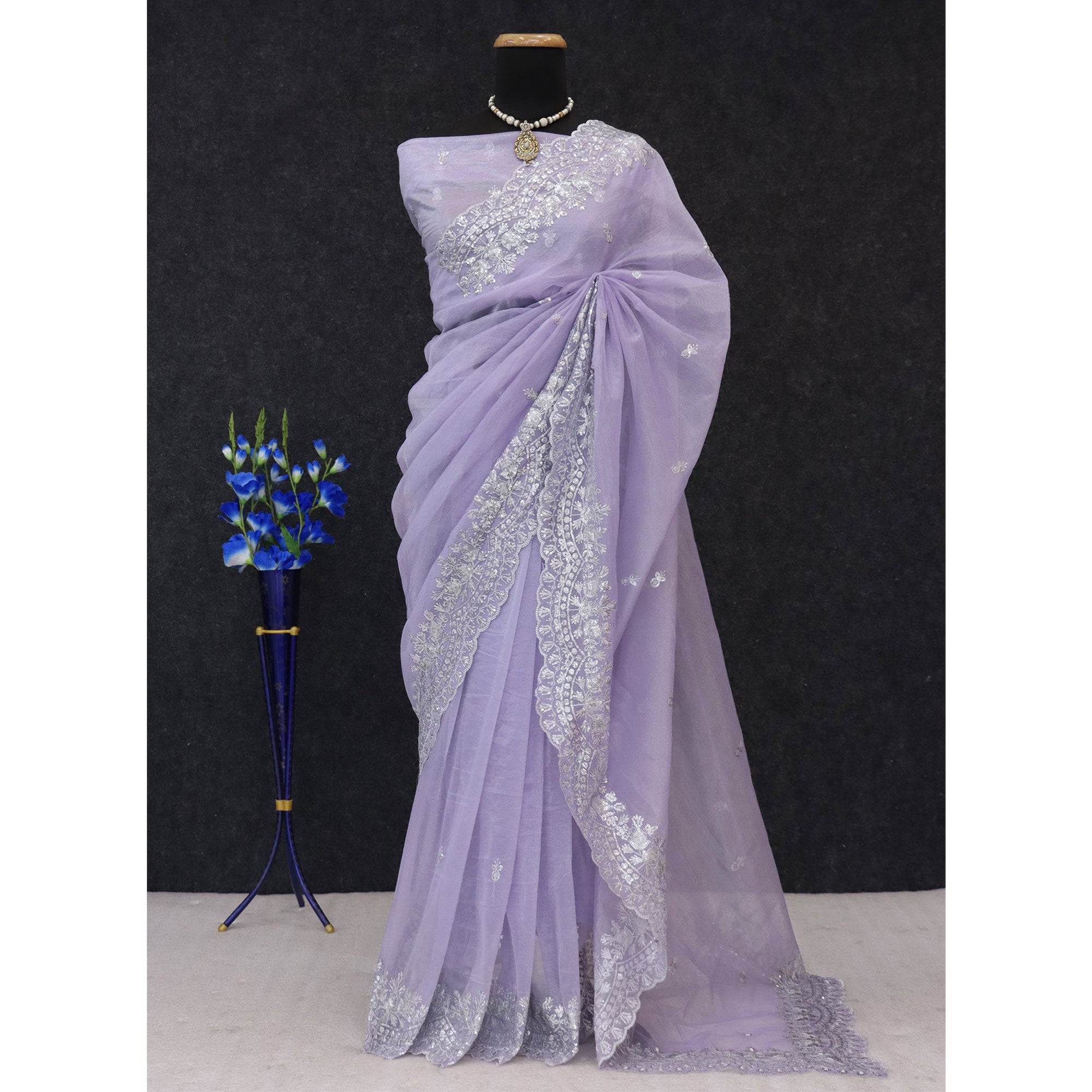 Lavender Sequins Embroidered Twill Net Designer Embellished Saree