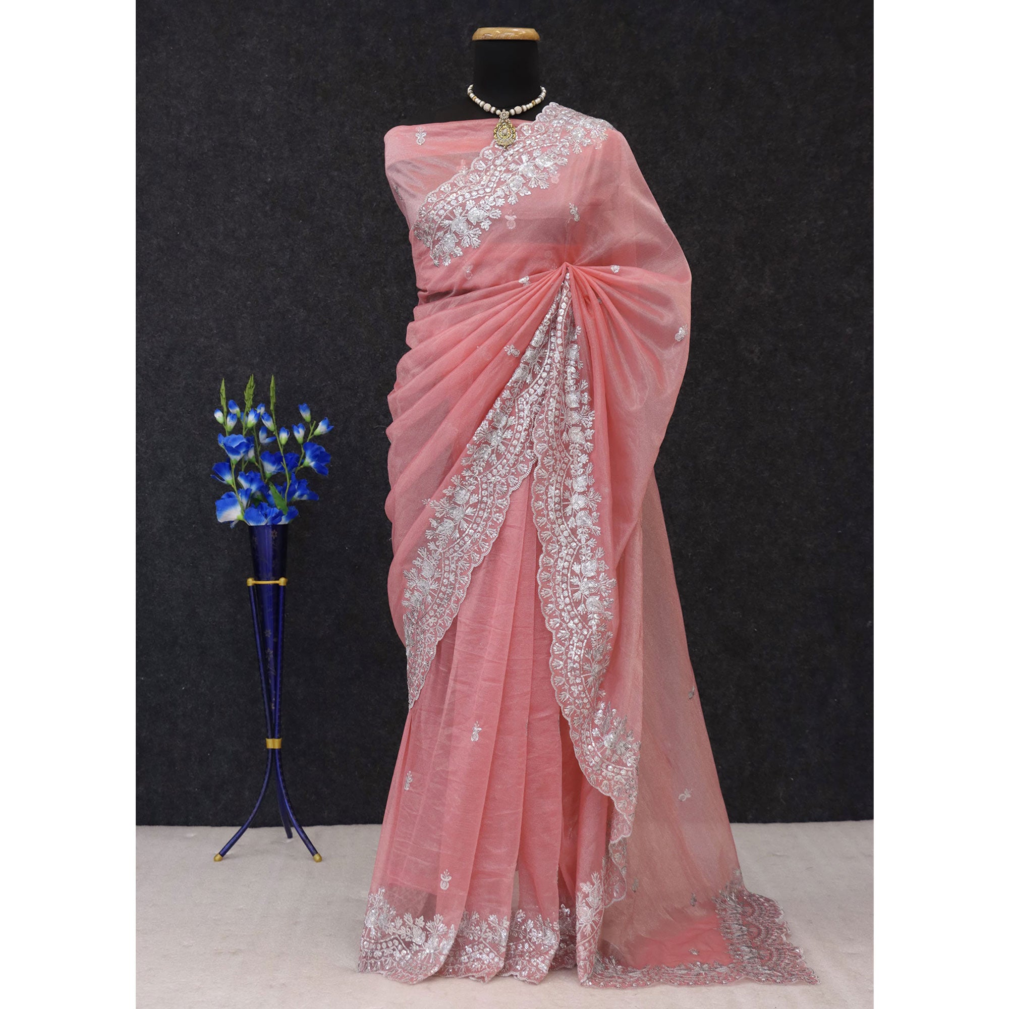 Peach Sequins Embroidered Twill Net Designer Embellished Saree