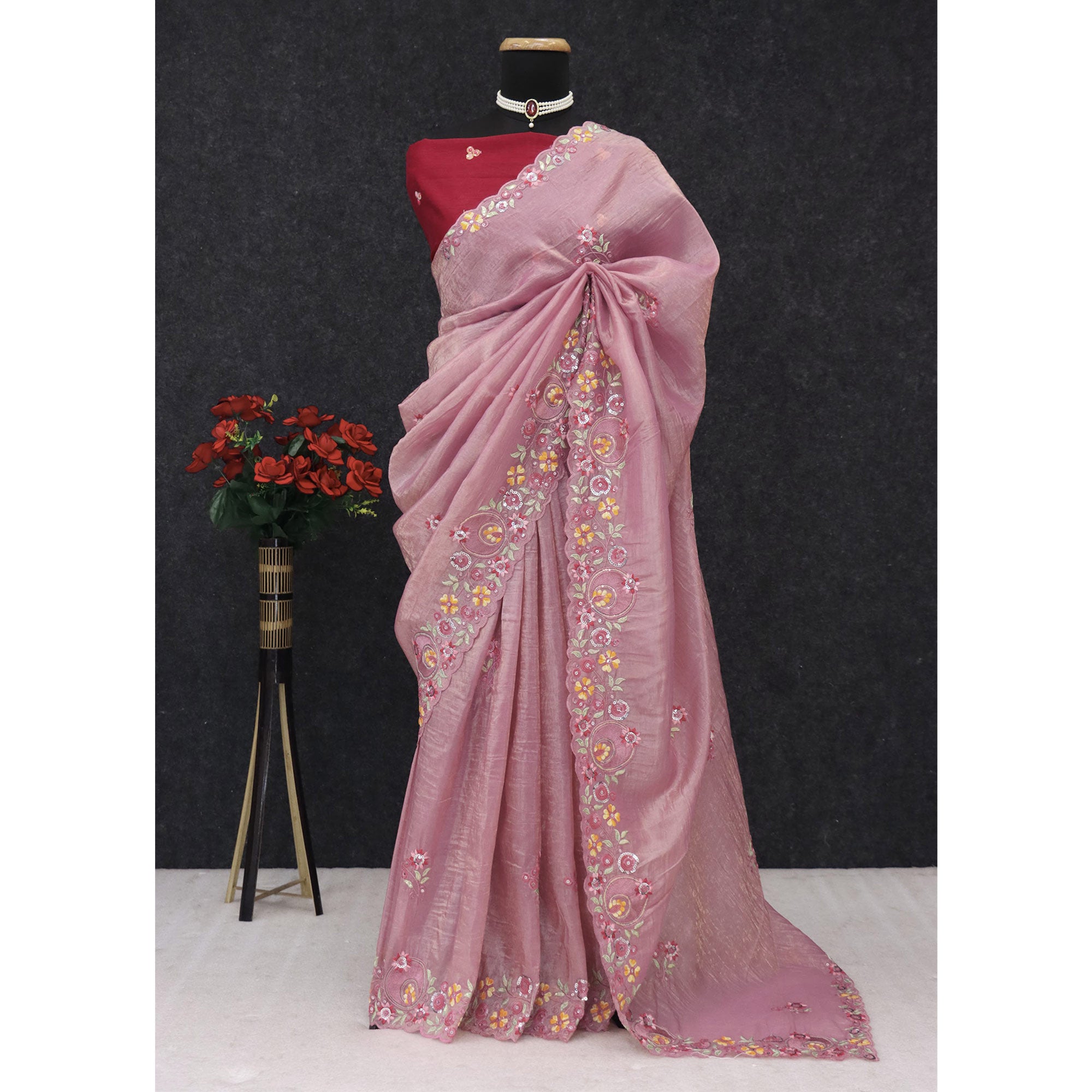 Pink Elegance Cotton Silk Saree with Floral Sequins Embroidery