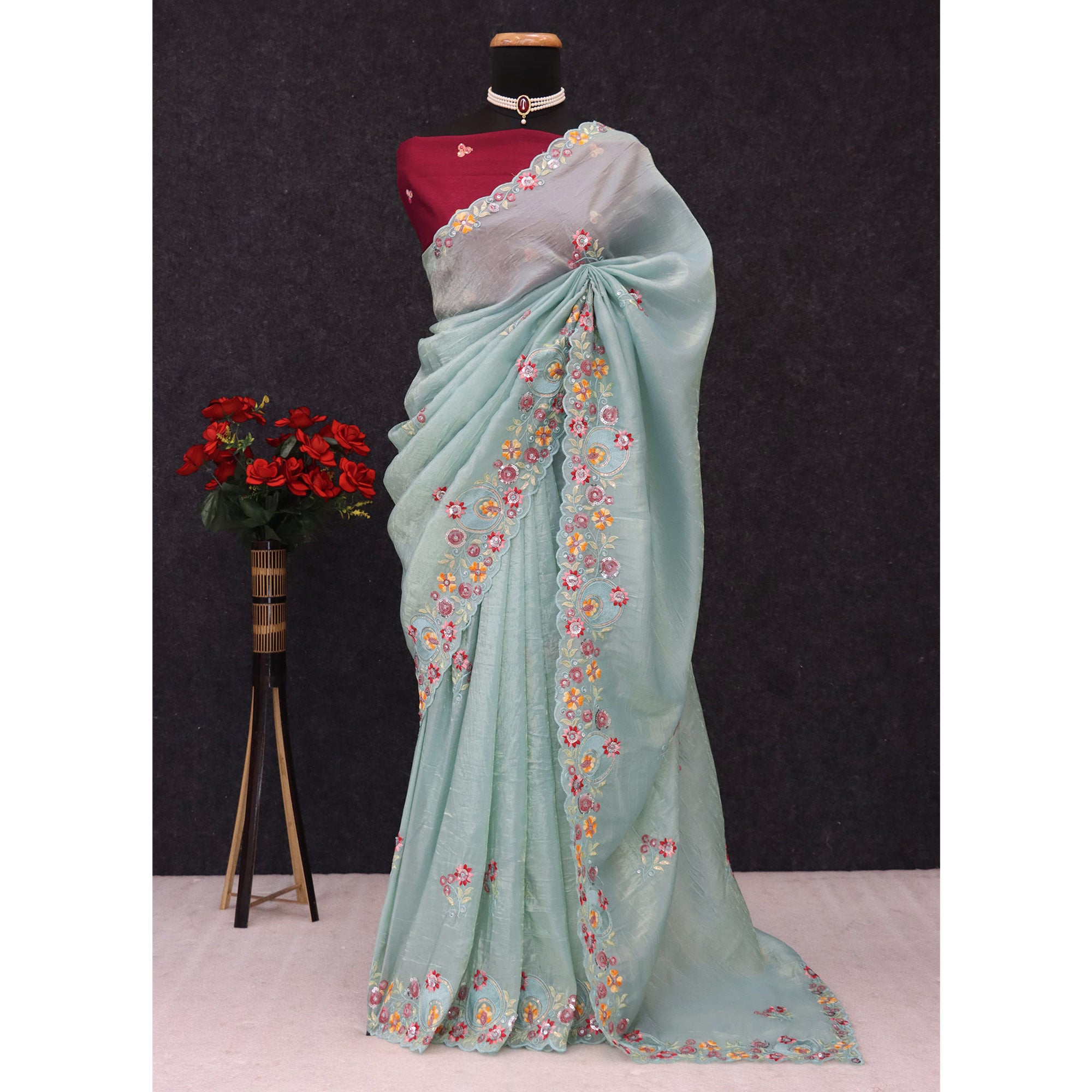 Turquoise Elegance Cotton Silk Saree with Floral Sequins Embroidery