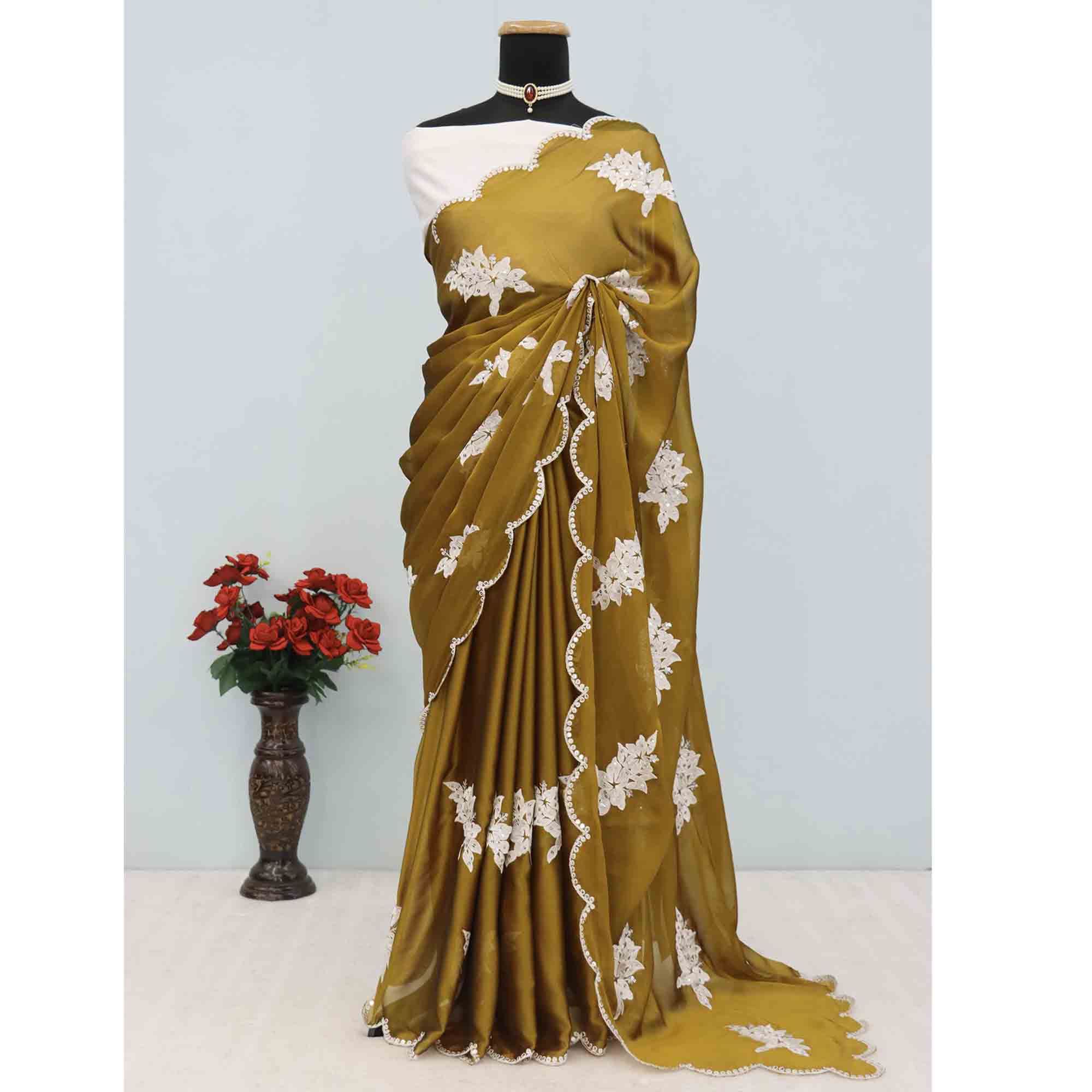 Mustard Silk Blend Saree with Embroidered Floral Design in Sequins & Thread