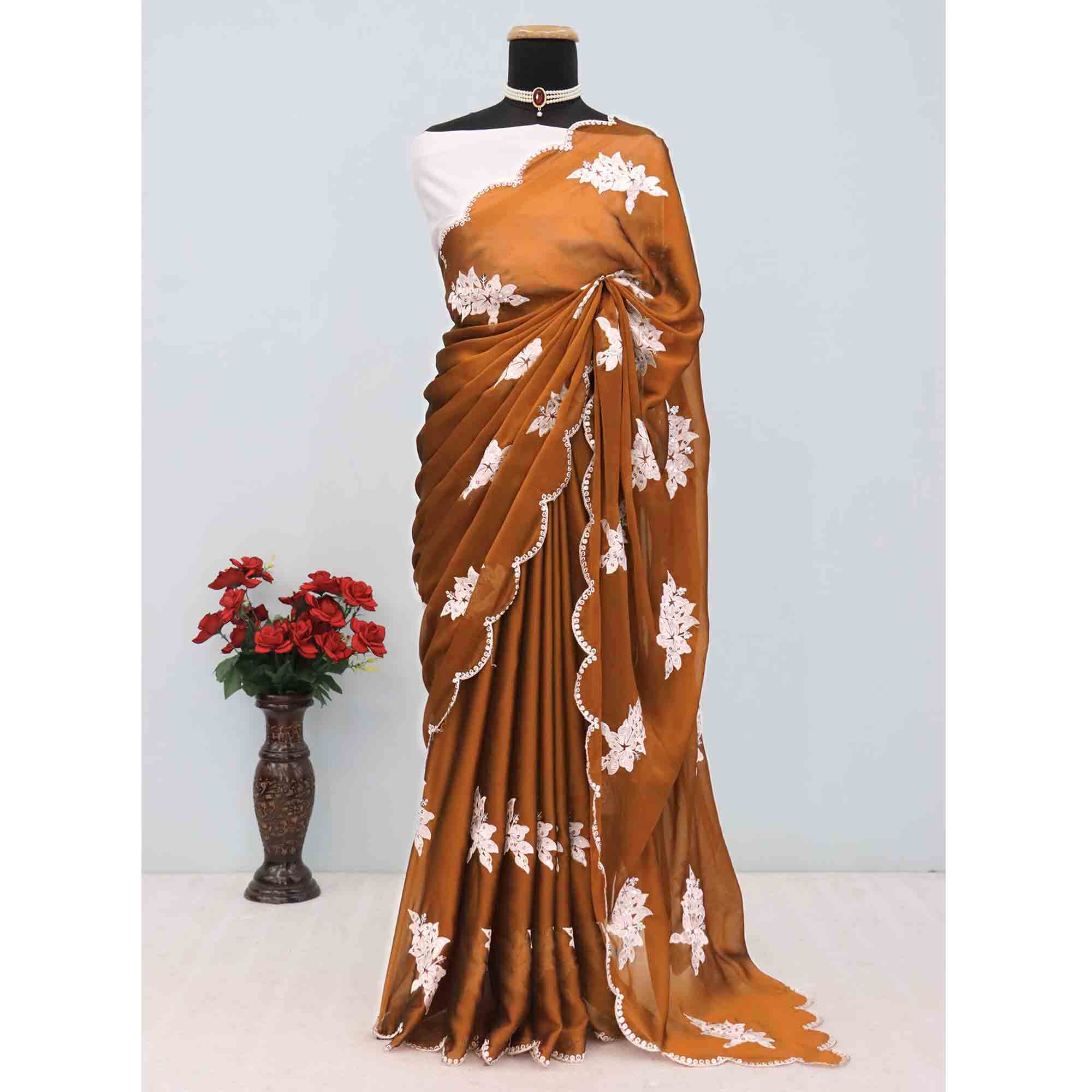 Rust Silk Blend Saree with Embroidered Floral Design in Sequins & Thread