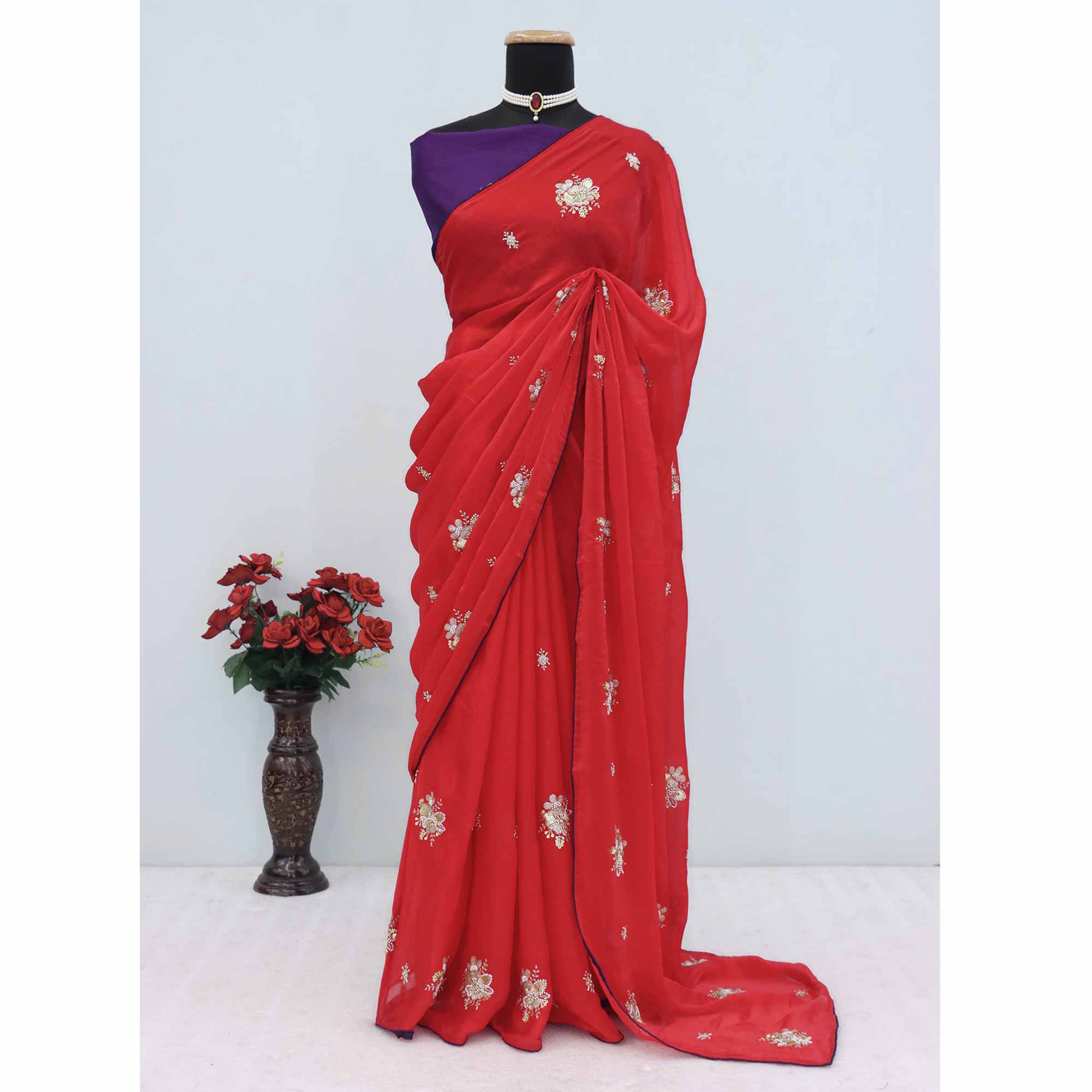 Party Wear Red Satin Silk Saree with Intricate Bead and Sequin Detailing