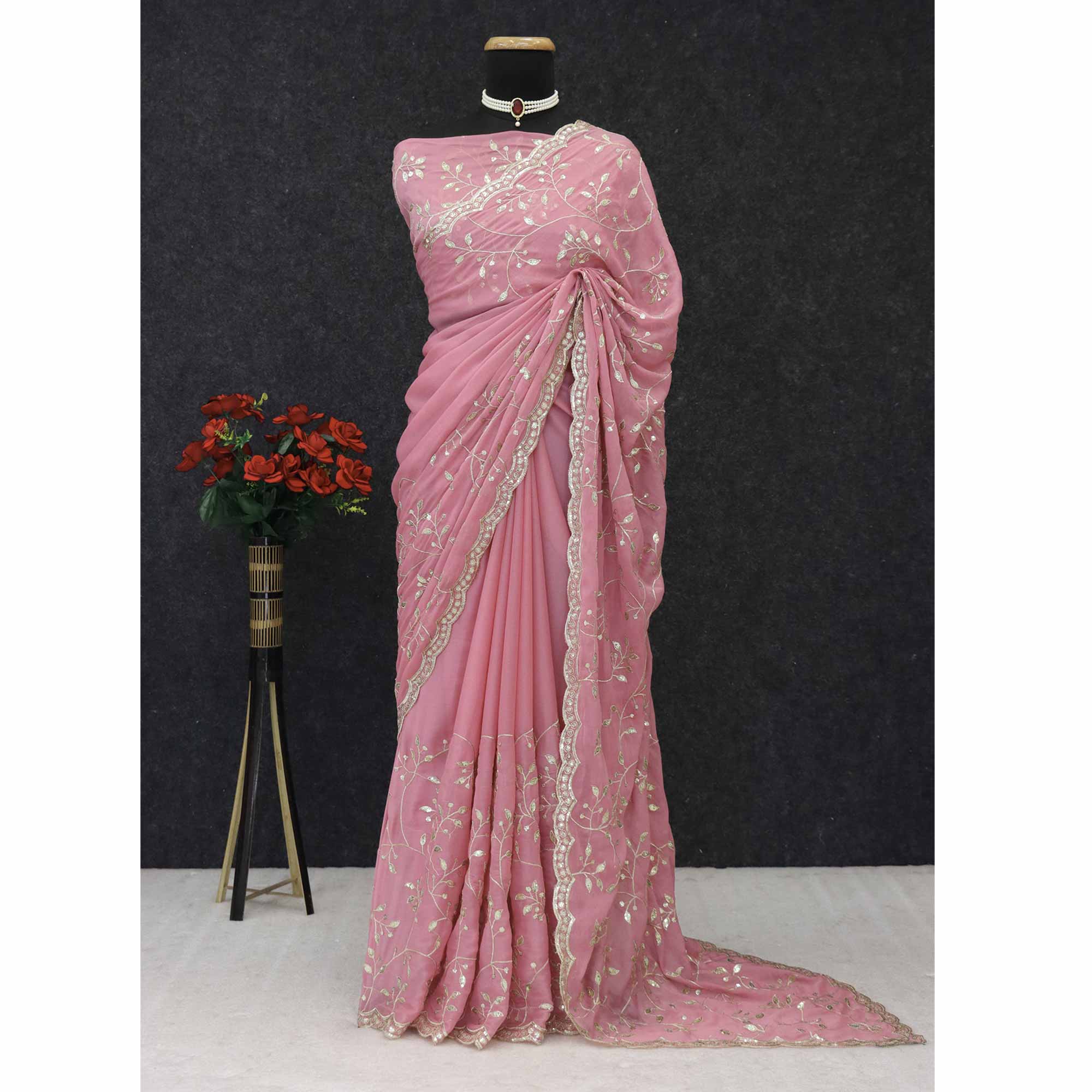 Designer Pink Georgette Saree Featuring Intricate Sequins & Embroidery Work