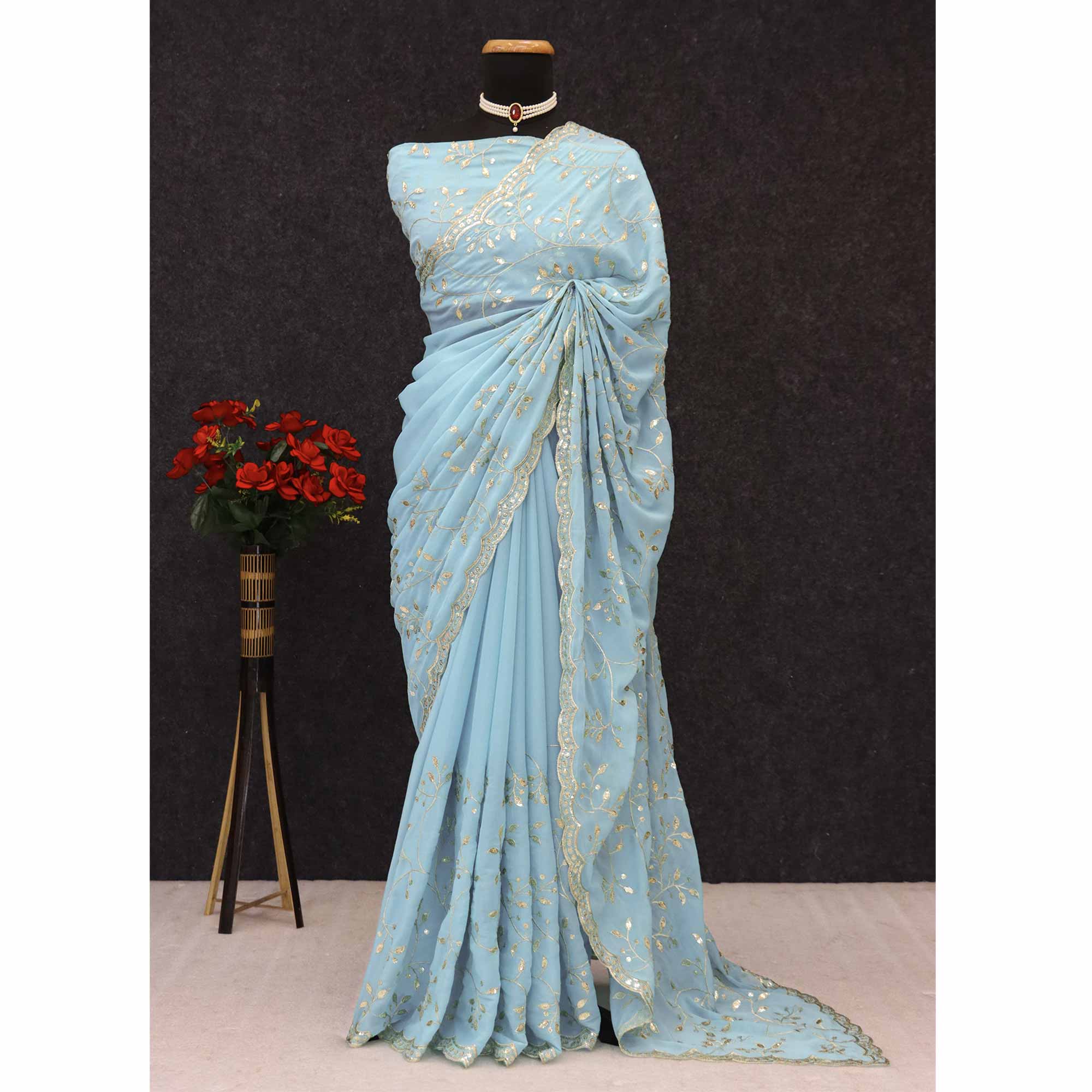 Designer Turquoise Georgette Saree Featuring Intricate Sequins & Embroidery Work