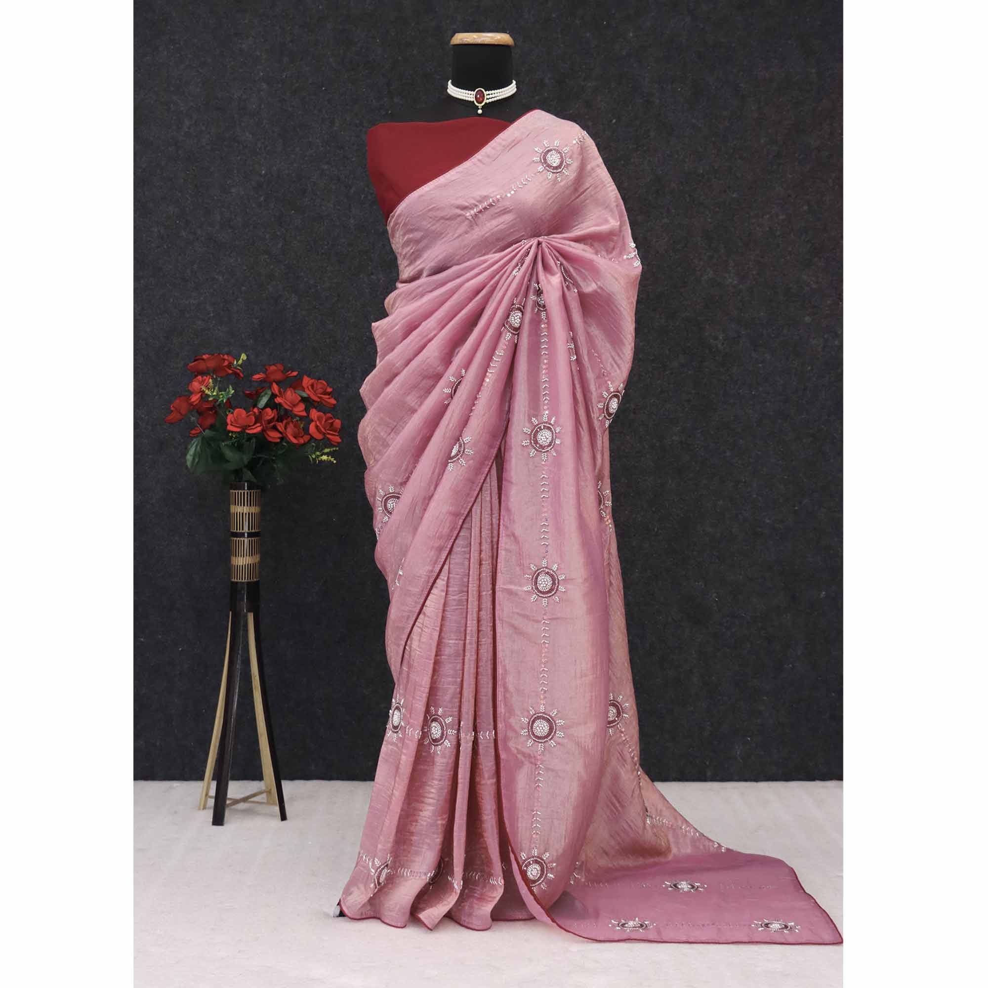 Pink Designer Silk Blend Saree Embellished with Stones & Beads
