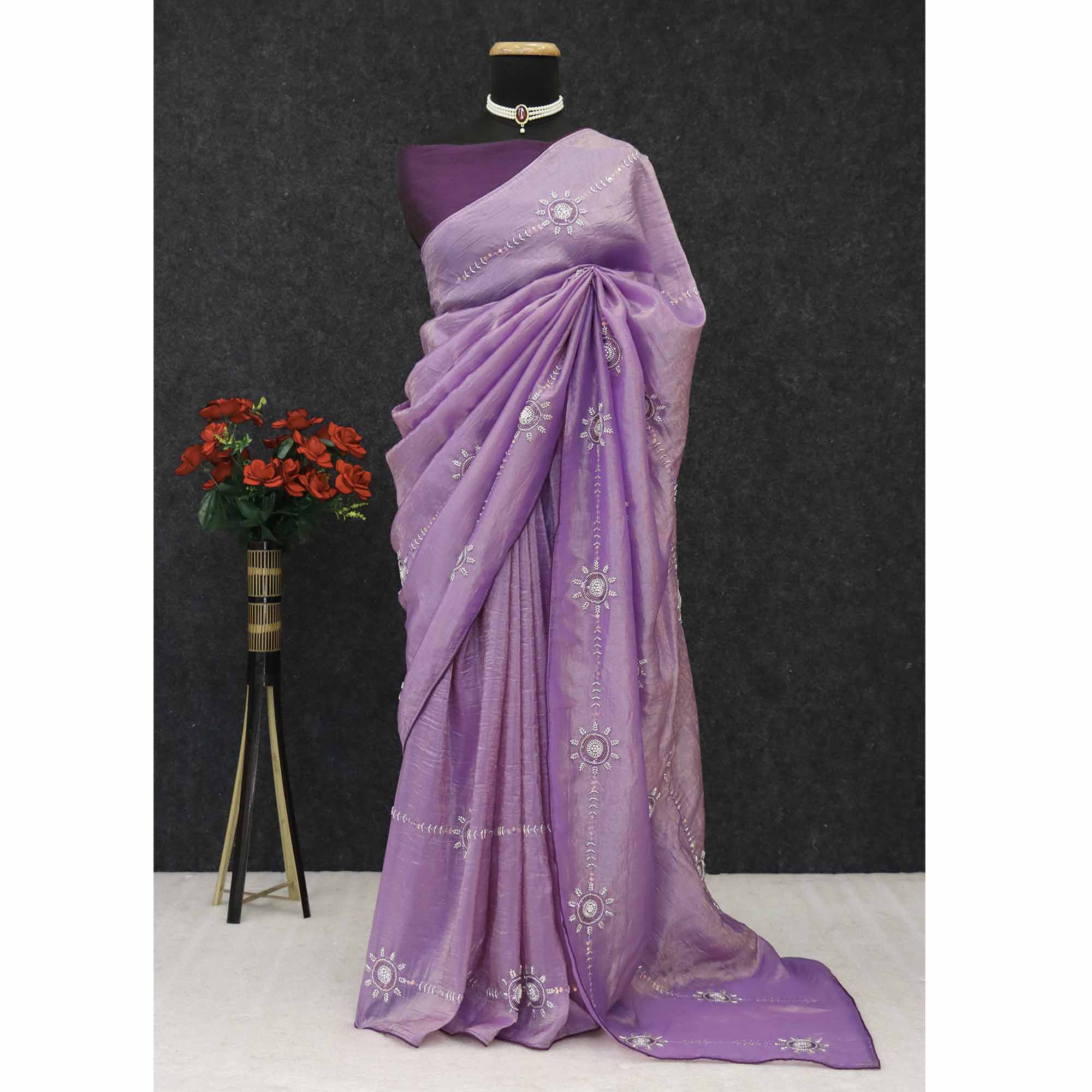 Purple Designer Silk Blend Saree Embellished with Stones & Beads