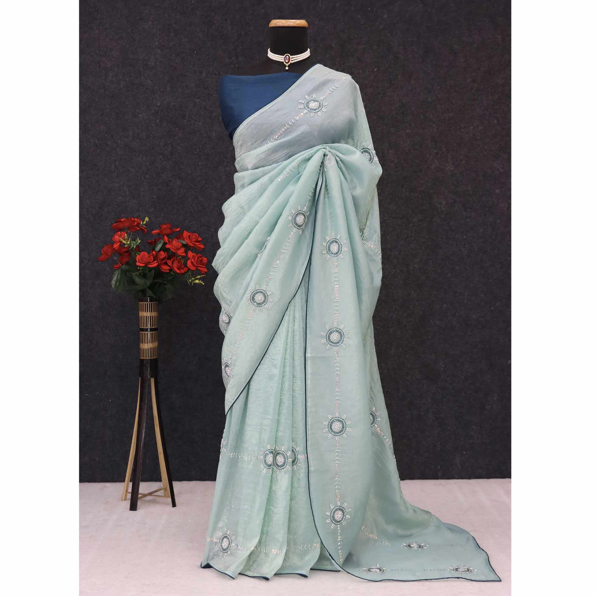 Turquoise Designer Silk Blend Saree Embellished with Stones & Beads
