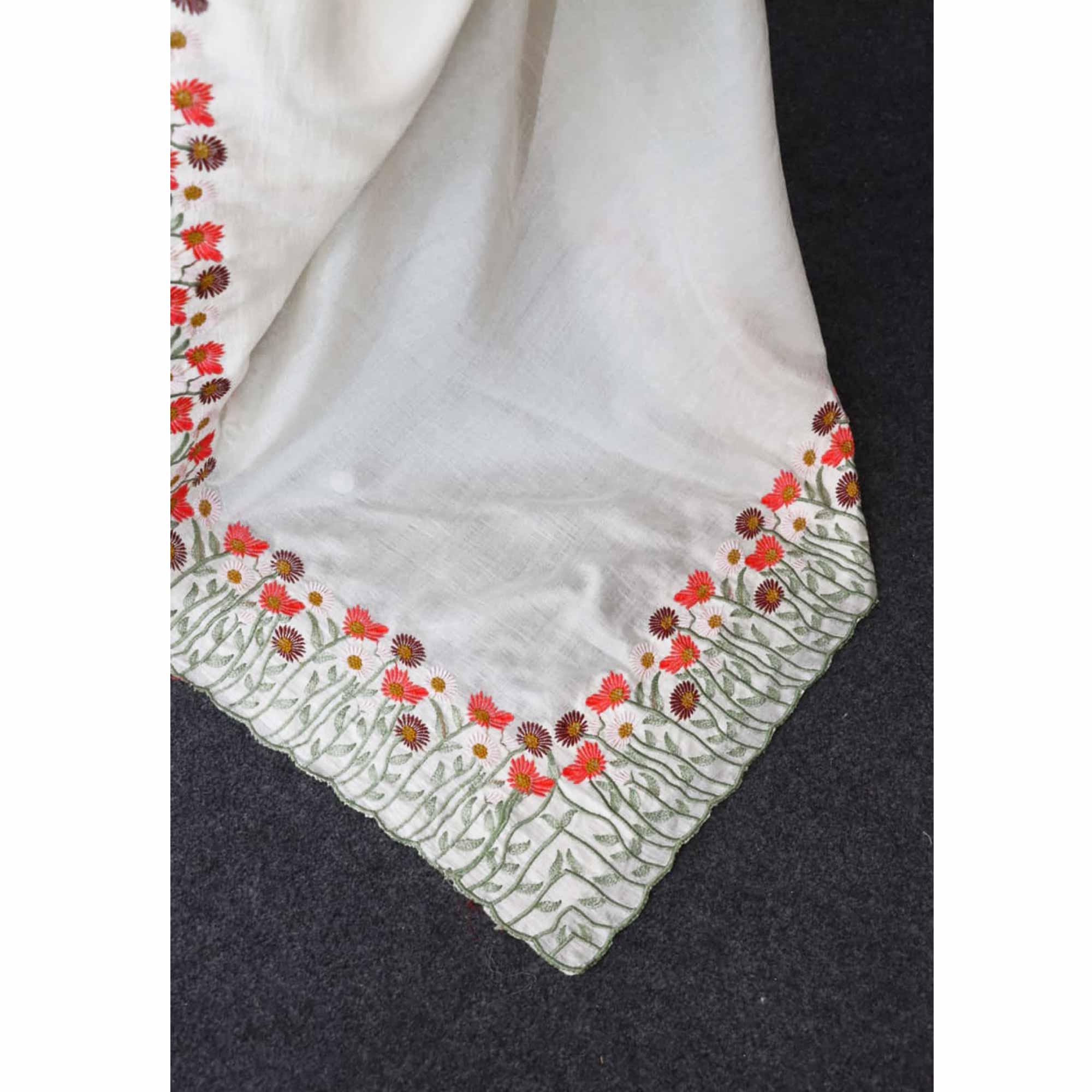 Off White Vichitra Silk Saree with Fine Floral Embroidery for Party and Traditional Styling
