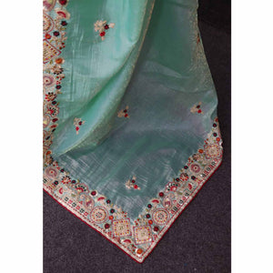 Aqua Blue Saree in Cotton Silk Fabric with Exquisite Floral Sequins Detailing