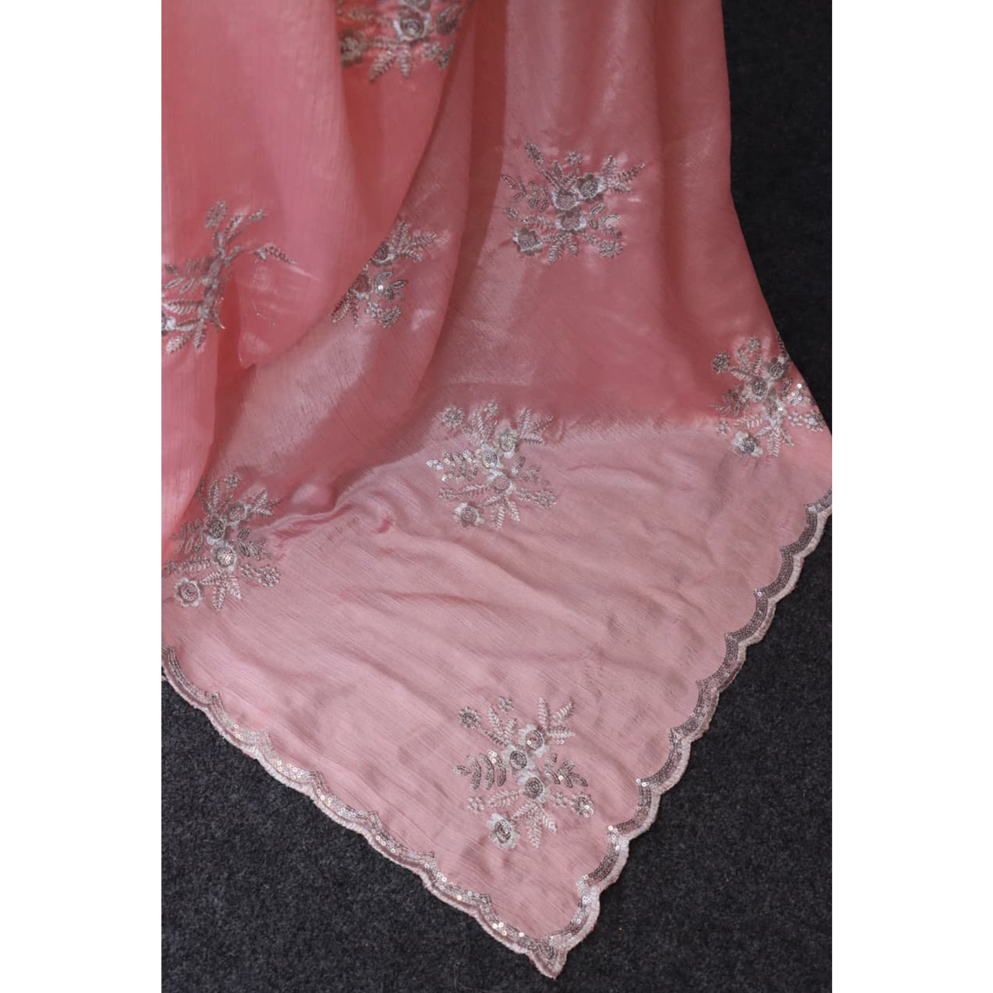 Designer Peach Pure Chinon Saree Highlighted with Elegant Sequins Embroidery