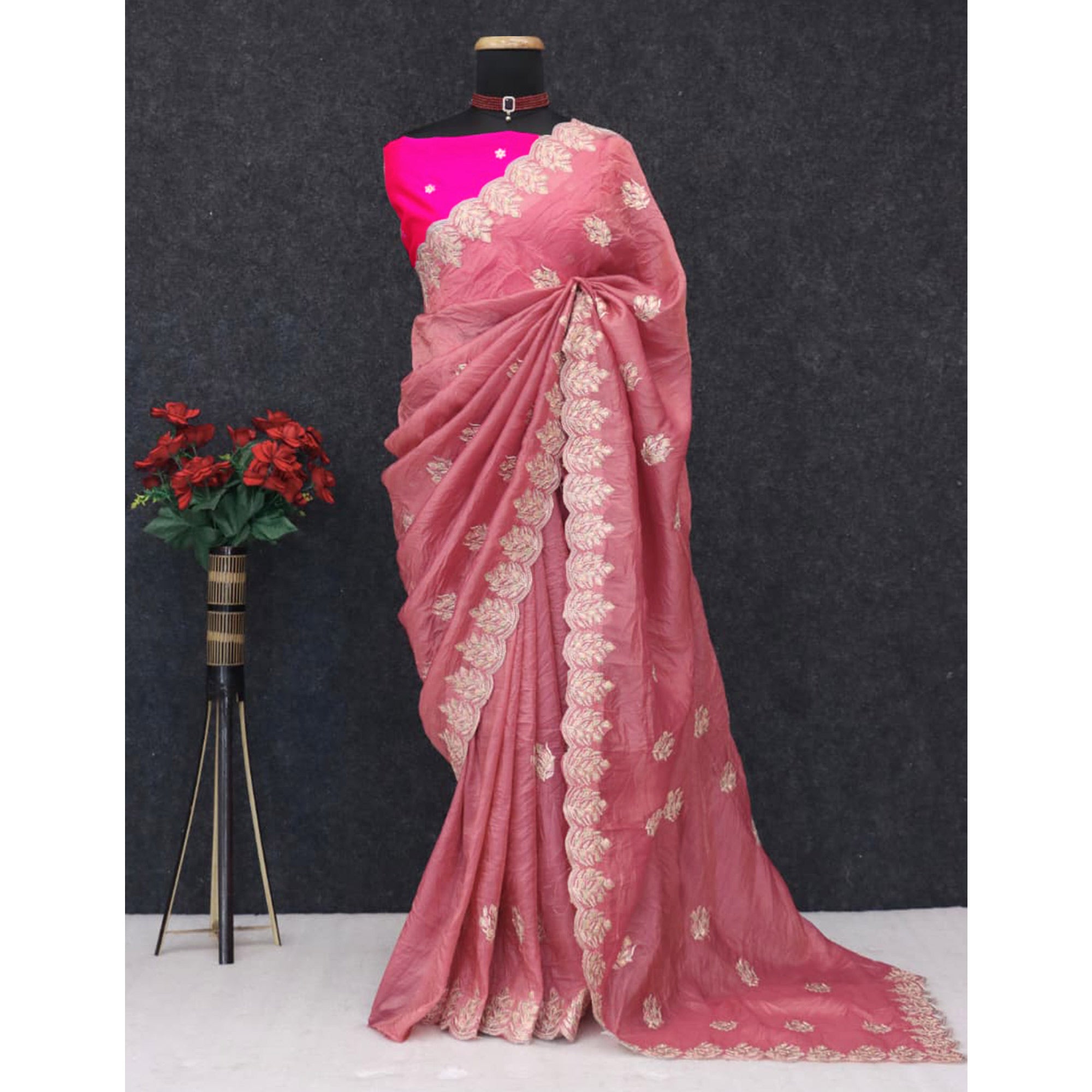 Classic Dusty Pink Silk Blend Crush Saree Beautifully Embellished With Floral Thread Embroidery