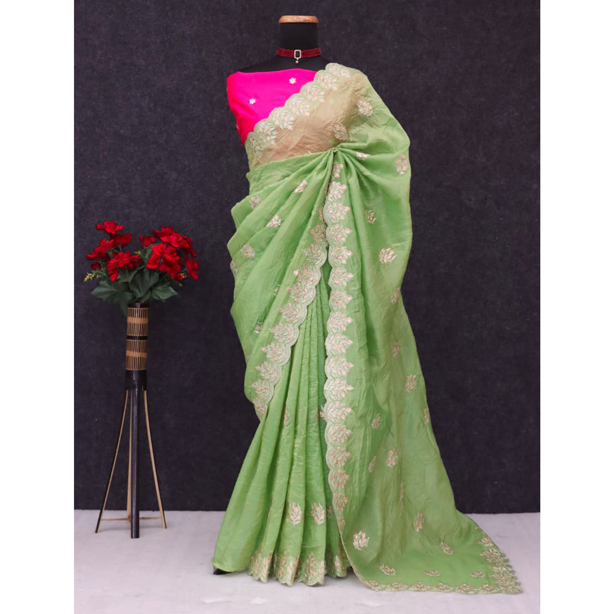 Classic Parrot Green Silk Blend Crush Saree Beautifully Embellished With Floral Thread Embroidery