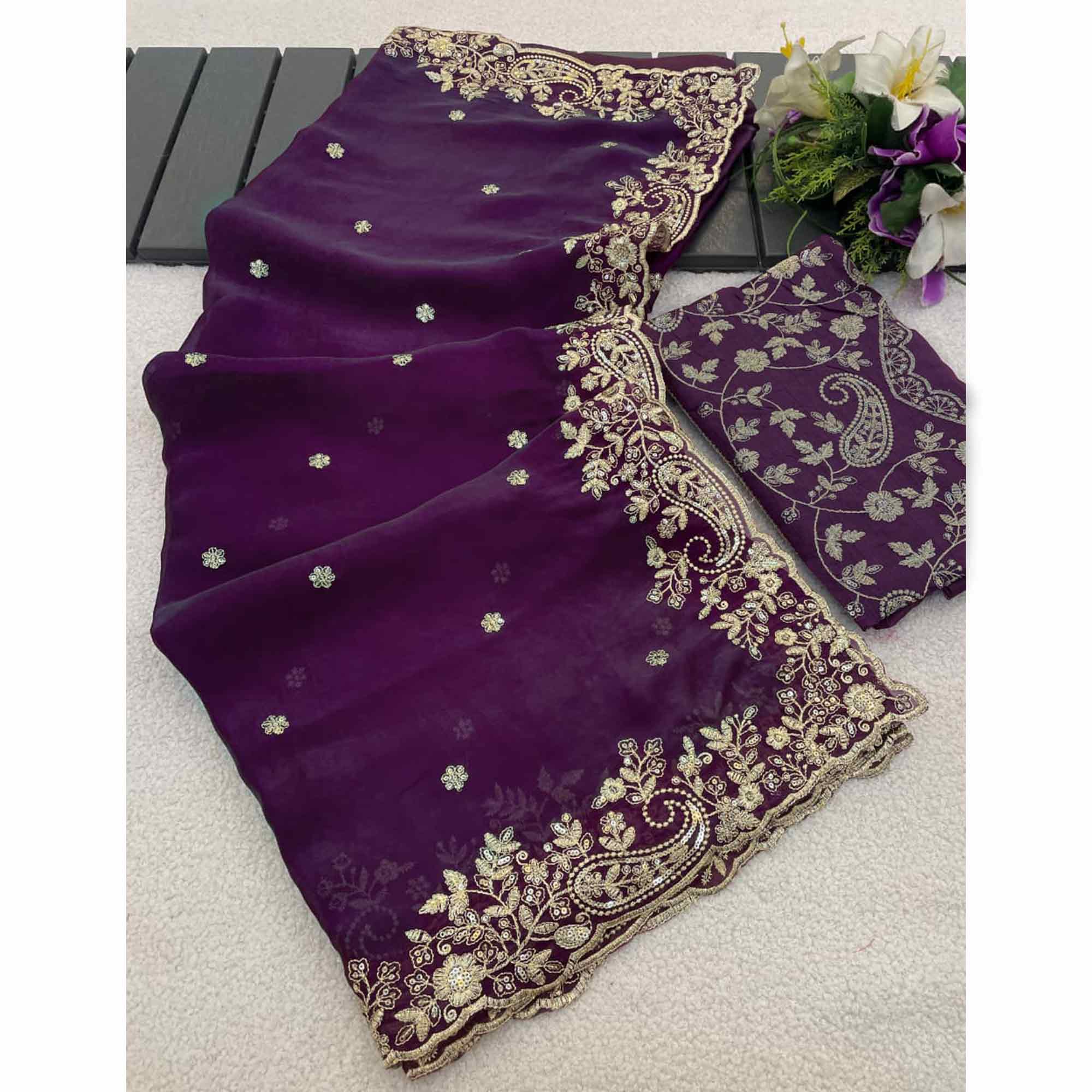 Purple Partywear Organza Satin Silk Crush Saree with Delicate Floral Embroidery