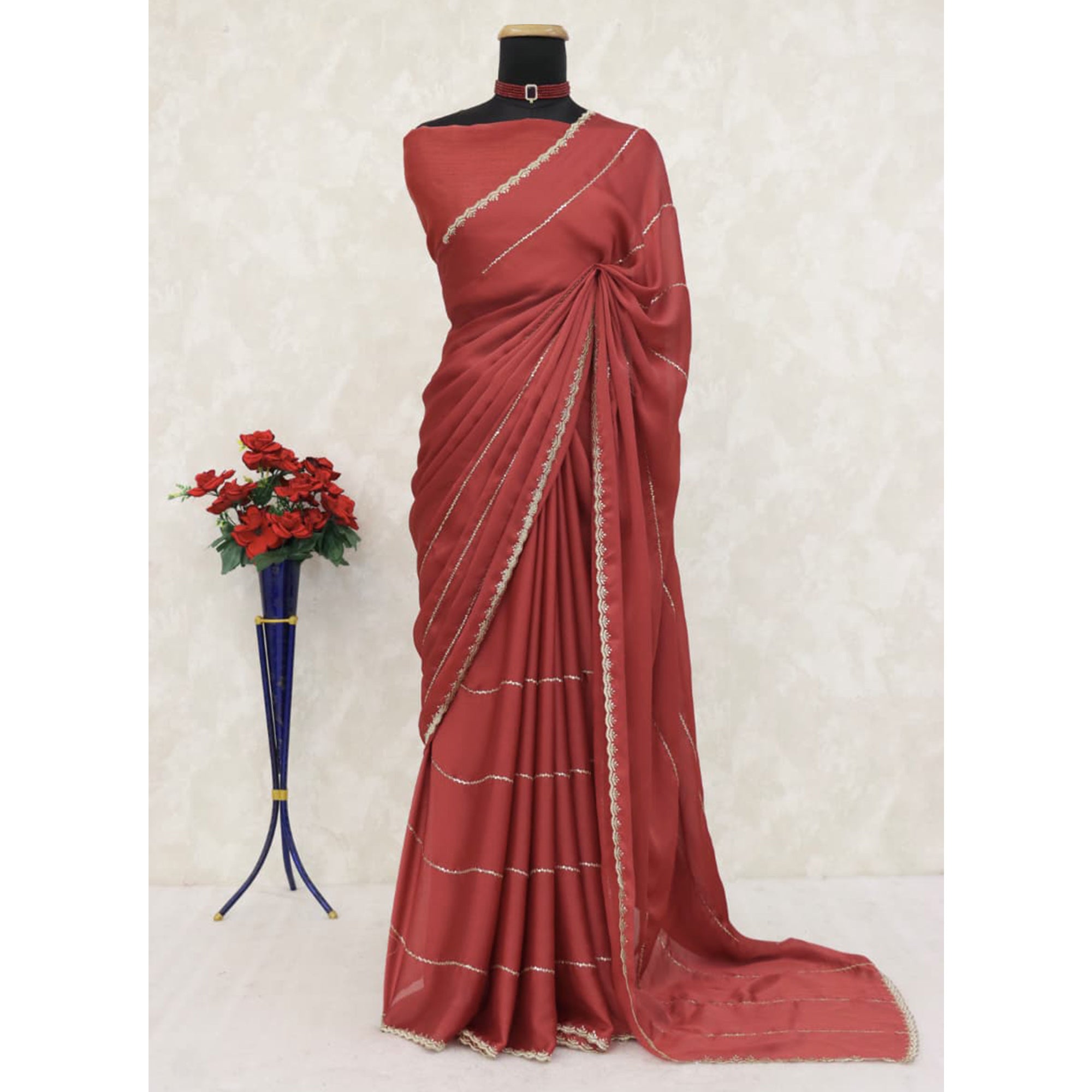 Brick Red Soft Satin Chiffon Saree Adorned with Intricate Sequins Detailing