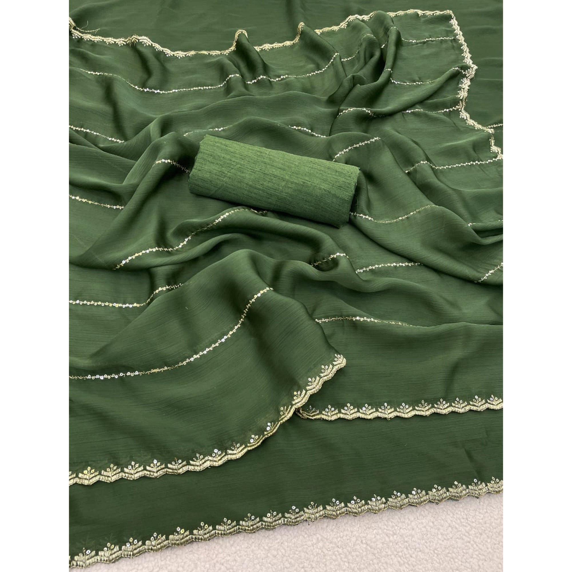 Green Soft Satin Chiffon Saree Adorned with Intricate Sequins Detailing