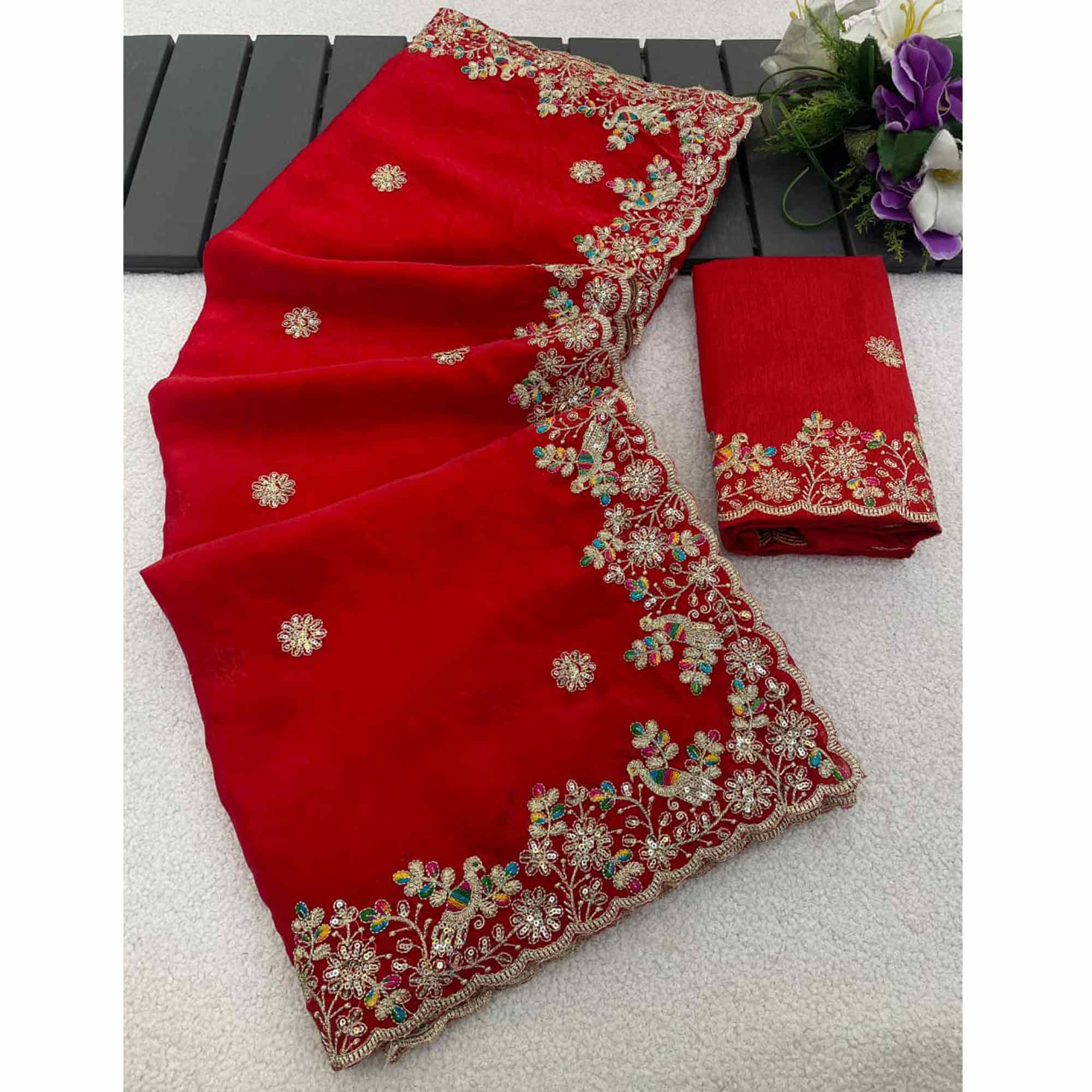 Red Floral Embroidered Lightweight Organza Satin Silk Saree for Party and Festive Wear