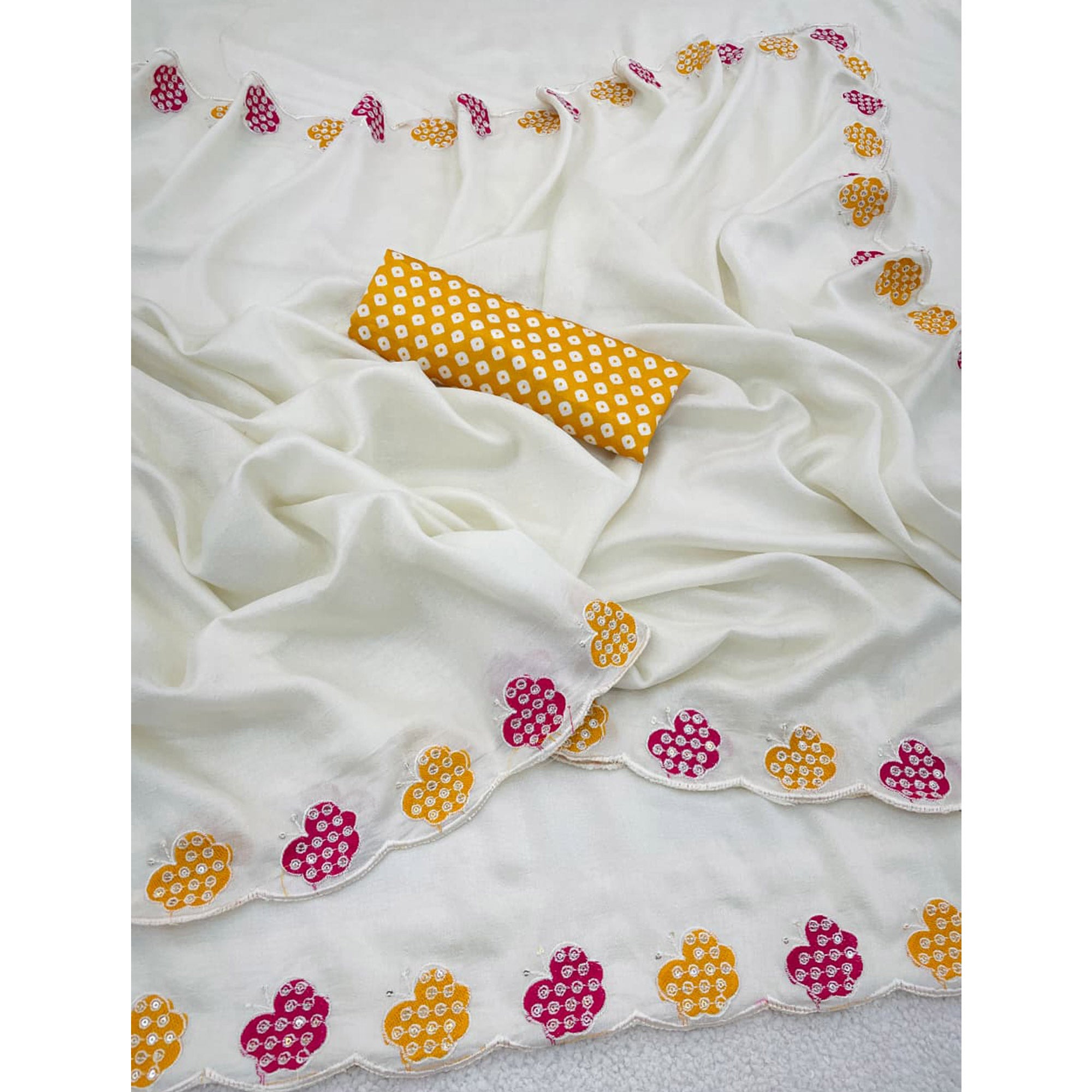 Off White Premium Vichitra Silk Saree Adorned with Intricate Embroidery Work