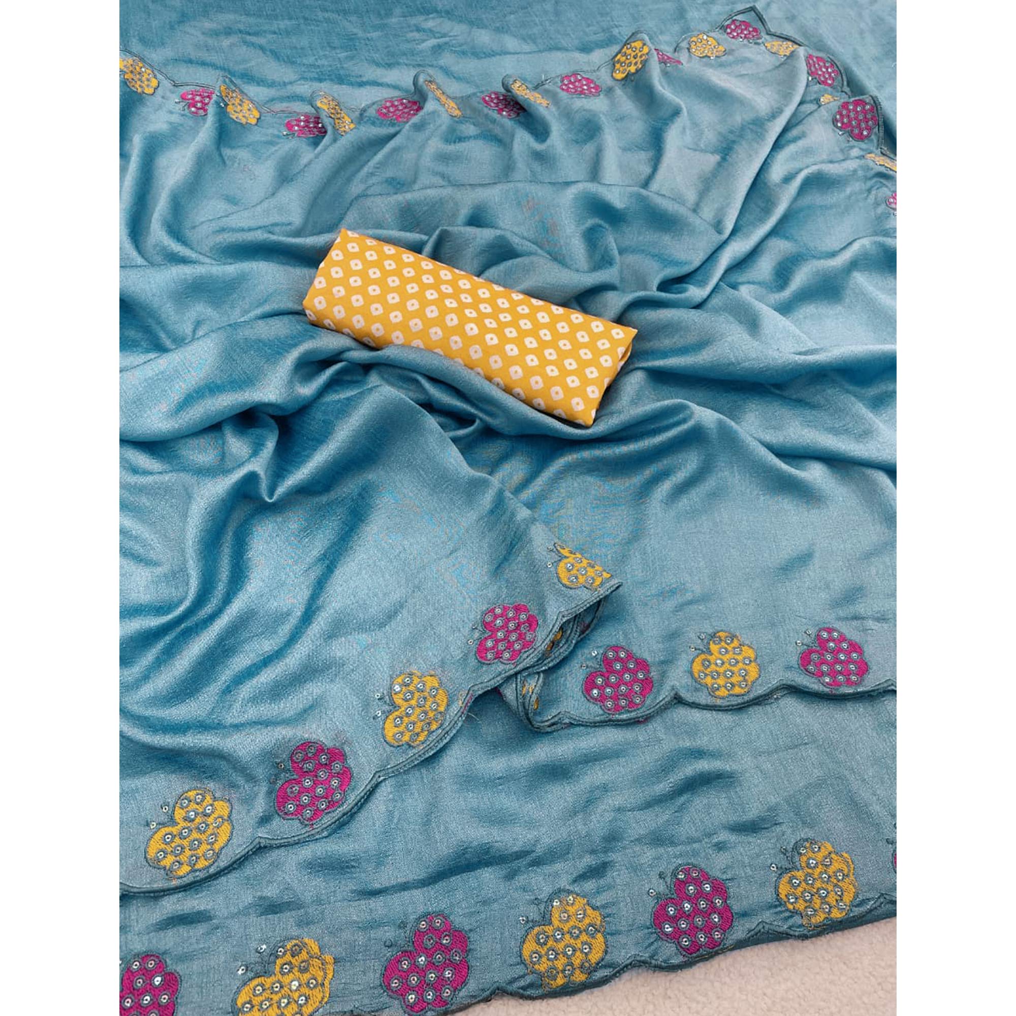 Teal Premium Vichitra Silk Saree Adorned with Intricate Embroidery Work