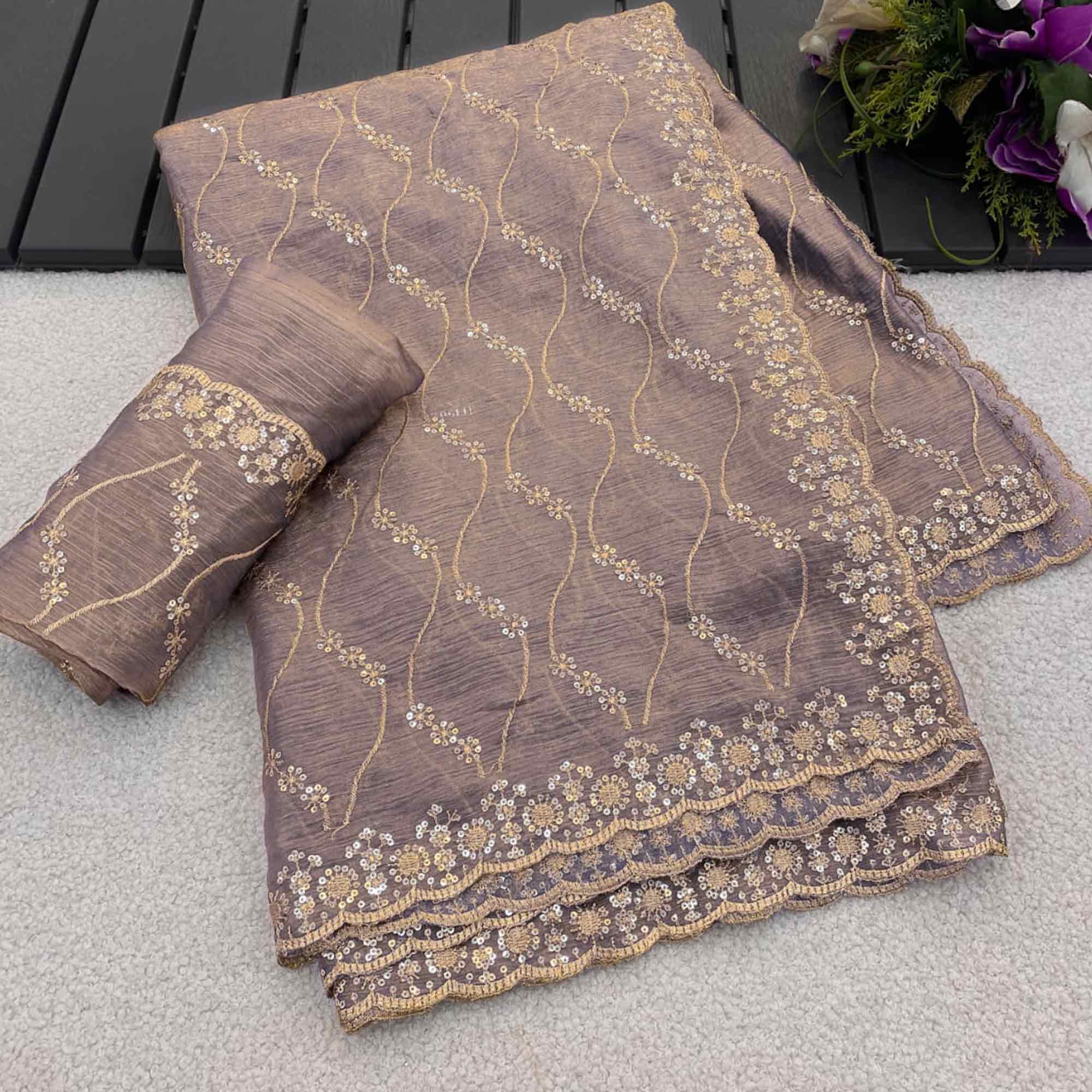 Lavender Partywear Organza Chiffon Silk Saree Highlighted with Fine Sequins Detailing