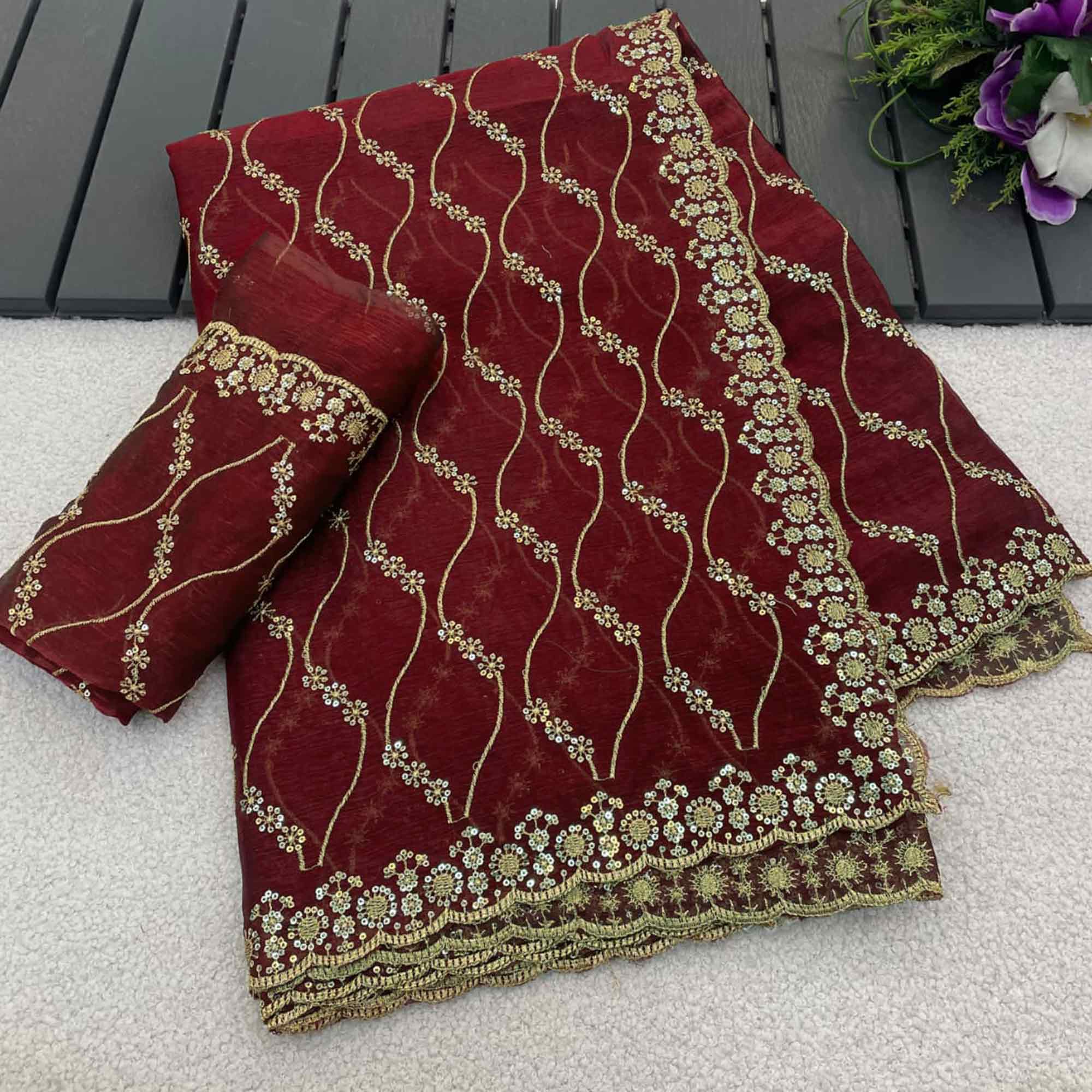 Maroon Partywear Organza Chiffon Silk Saree Highlighted with Fine Sequins Detailing