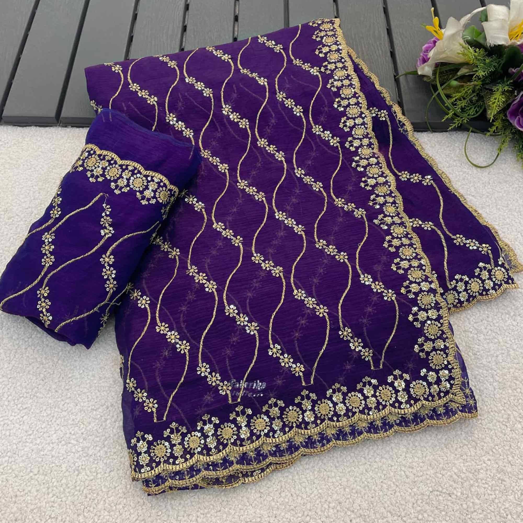 Violet Partywear Organza Chiffon Silk Saree Highlighted with Fine Sequins Detailing