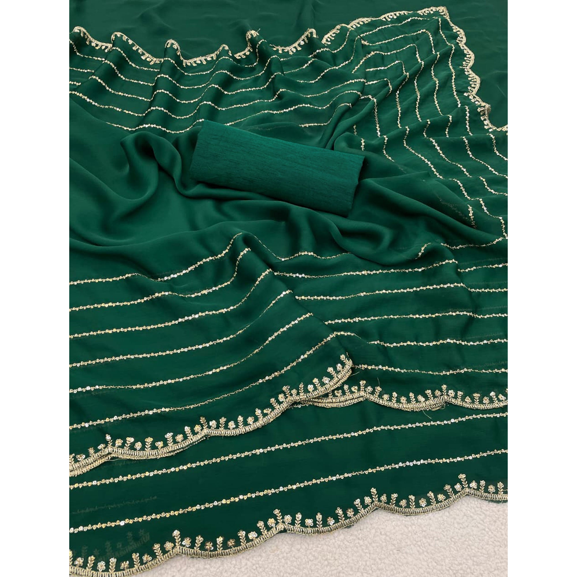 Green Soft Satin Chiffon Saree Embellished with Intricate Sequins Detailing