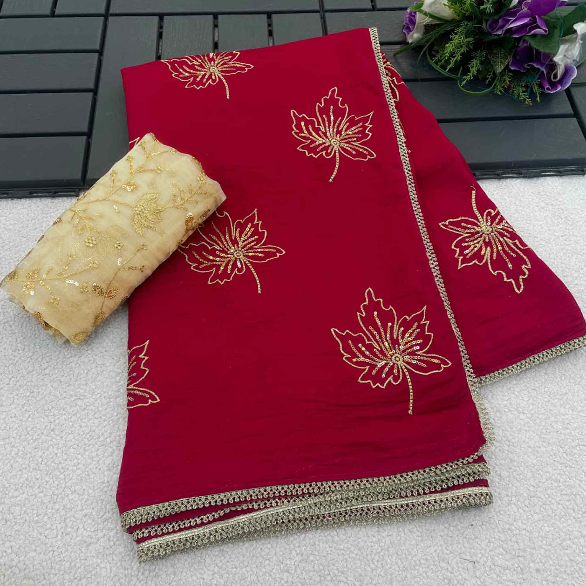 Glamorous Pink Sequin Embellished Saree in Premium Vichitra Silk