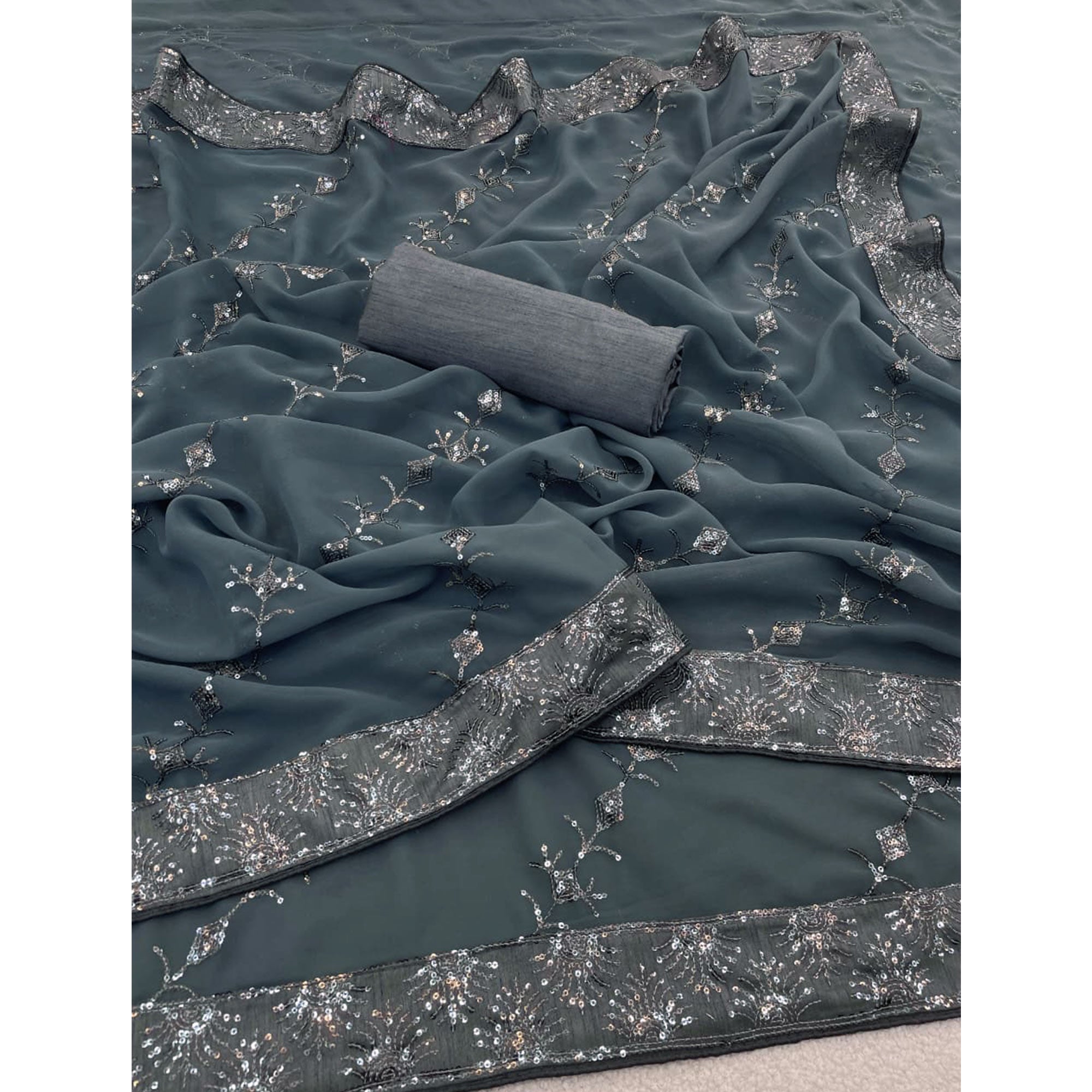 Grey Premium Vichitra Silk Saree Adorned with Shimmering Sequins Work