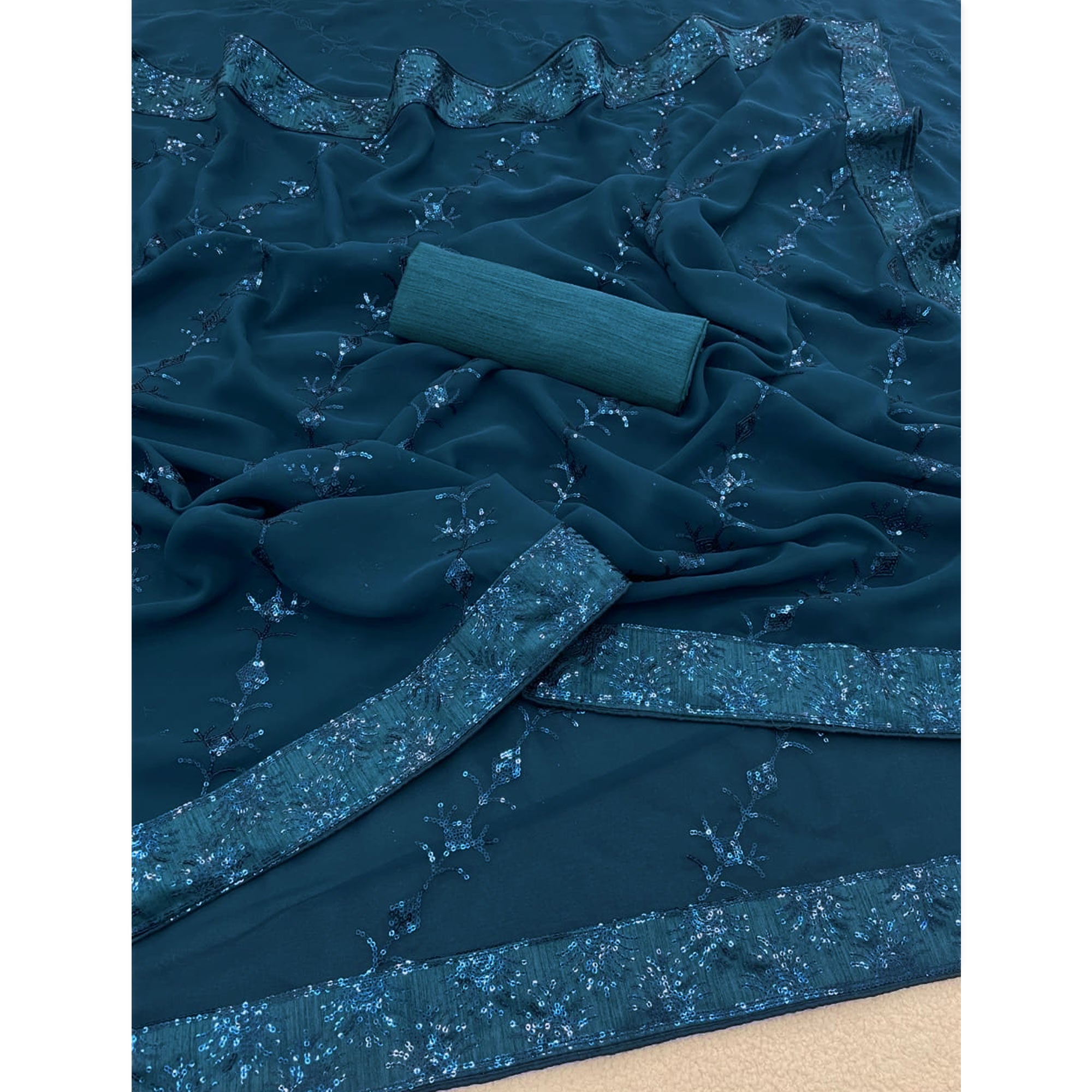 Teal Premium Vichitra Silk Saree Adorned with Shimmering Sequins Work