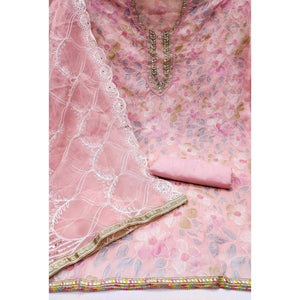 Peach Printed With Handwork Organza Dress Material