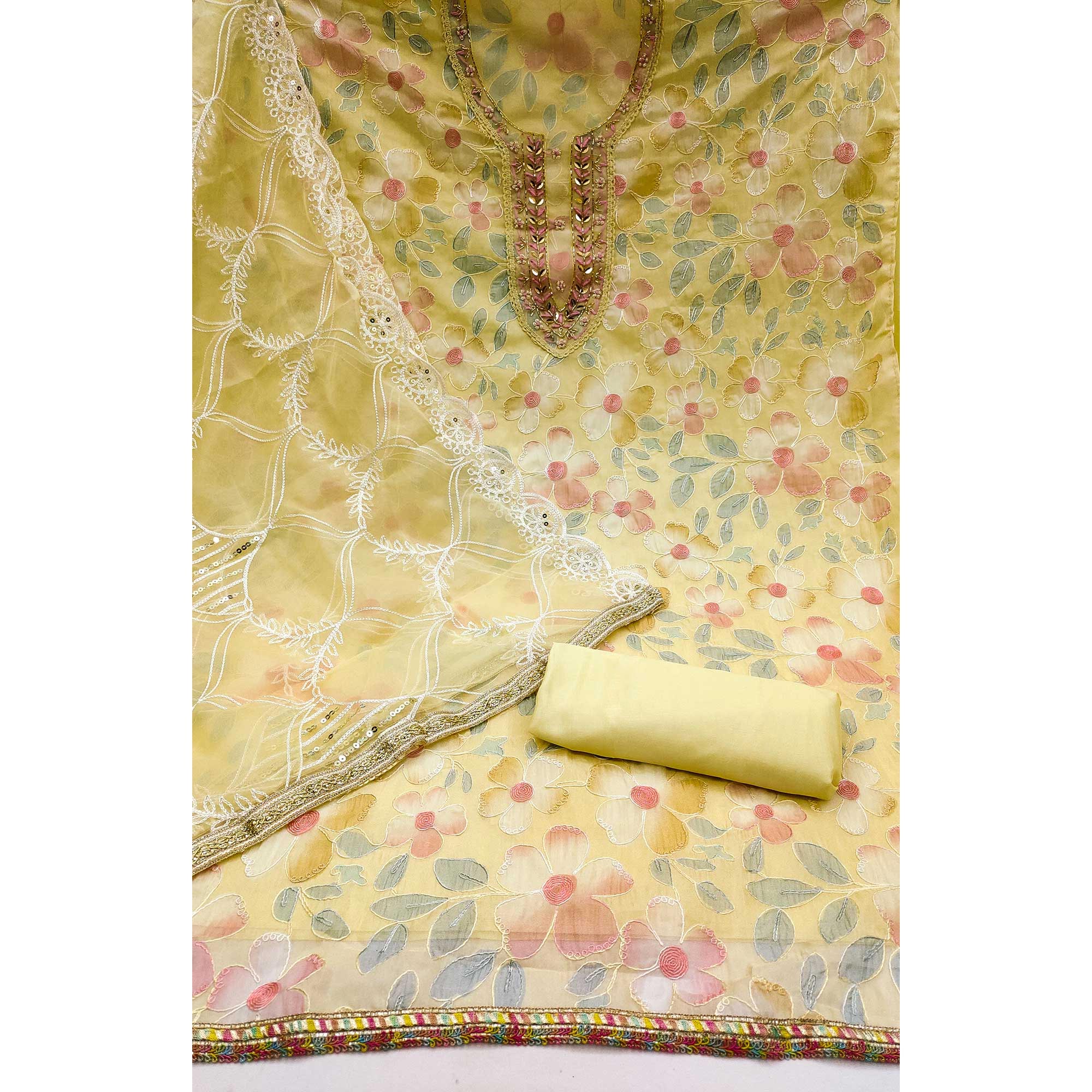 Yellow Printed With Handwork Organza Dress Material - Image 2