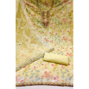 Yellow Printed With Handwork Organza Dress Material - Image 2