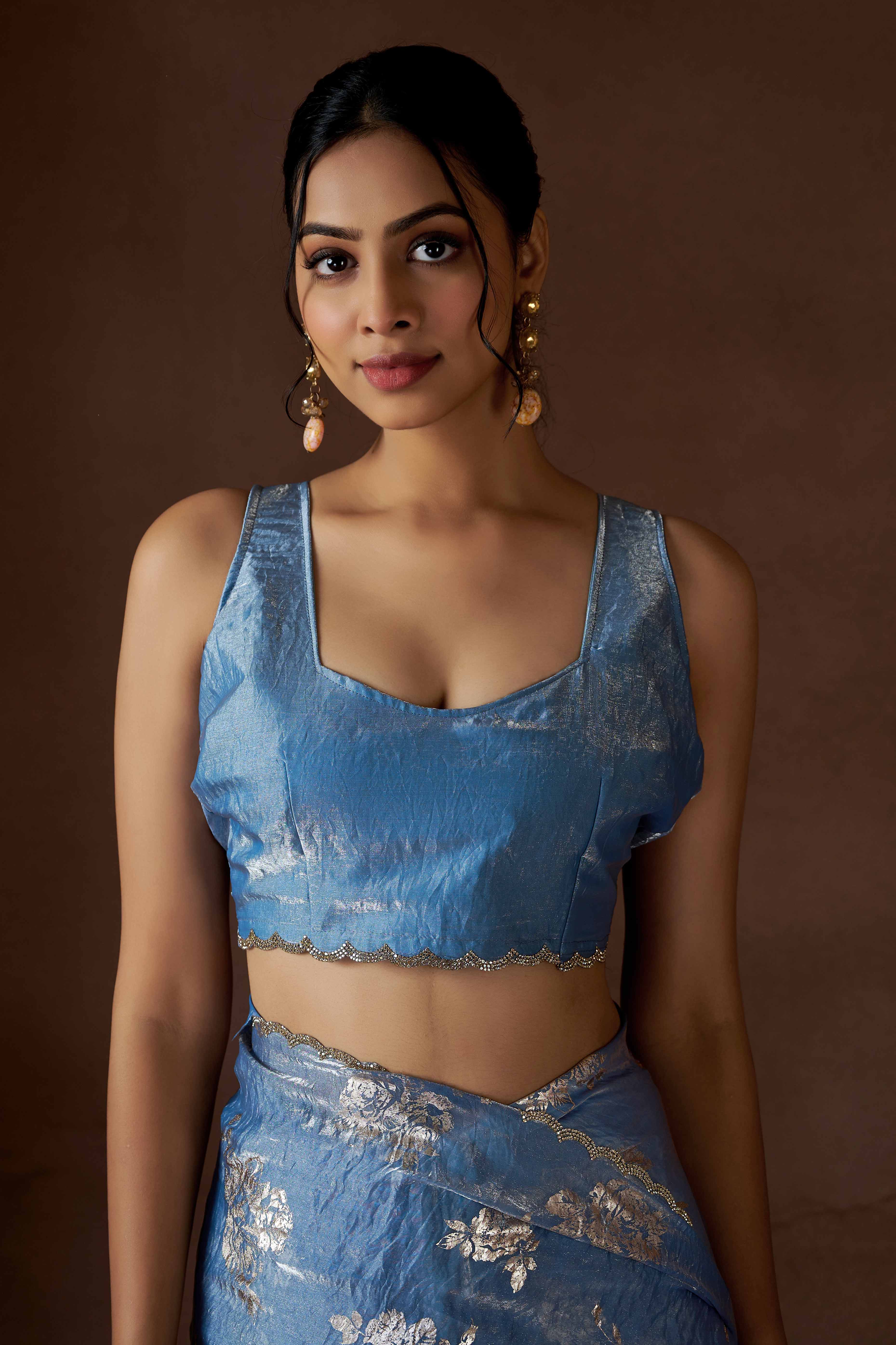 Blue Floral Foil Printed Satin Silk Saree With Zarkan Border