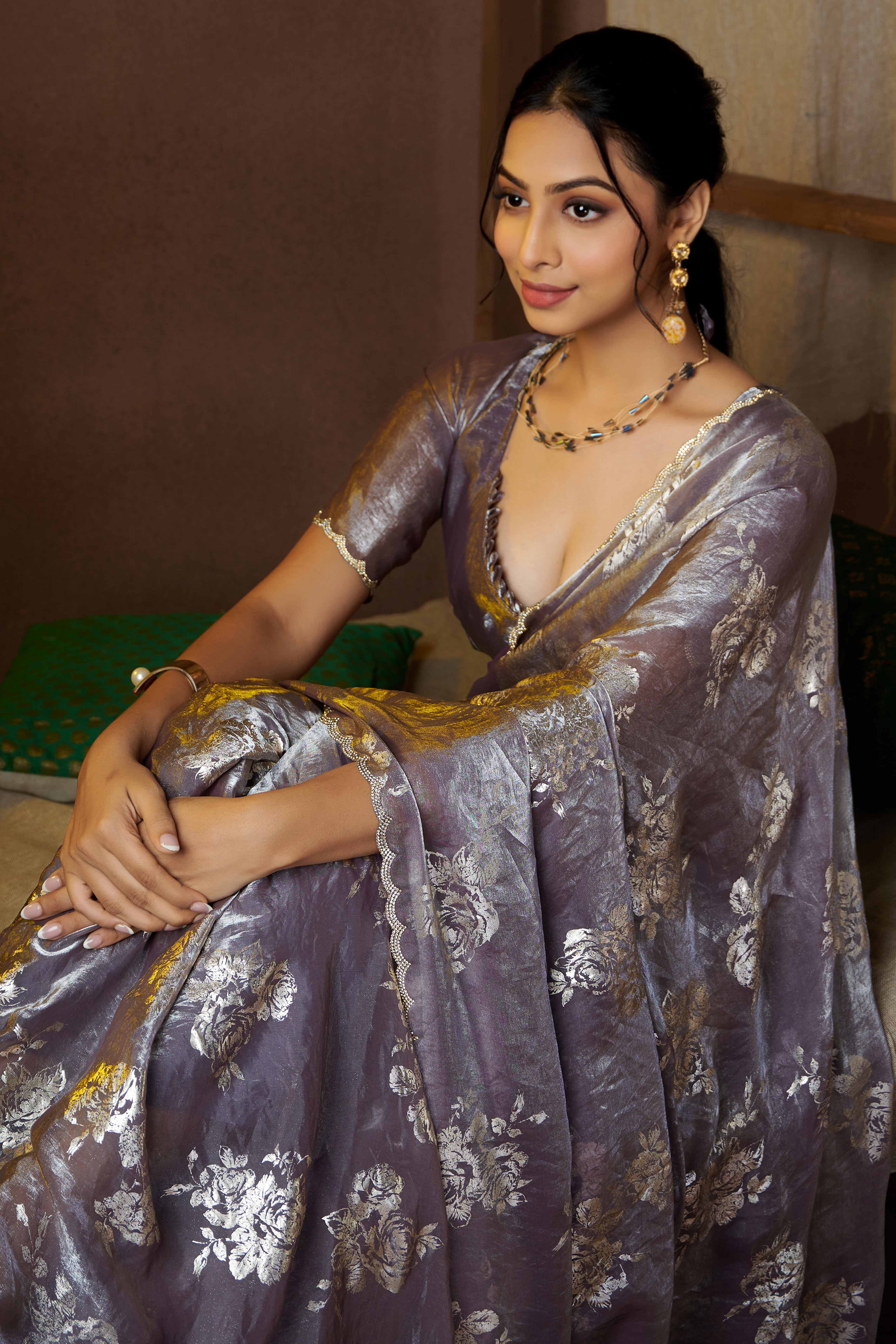 Grey Floral Foil Printed Satin Silk Saree With Zarkan Border