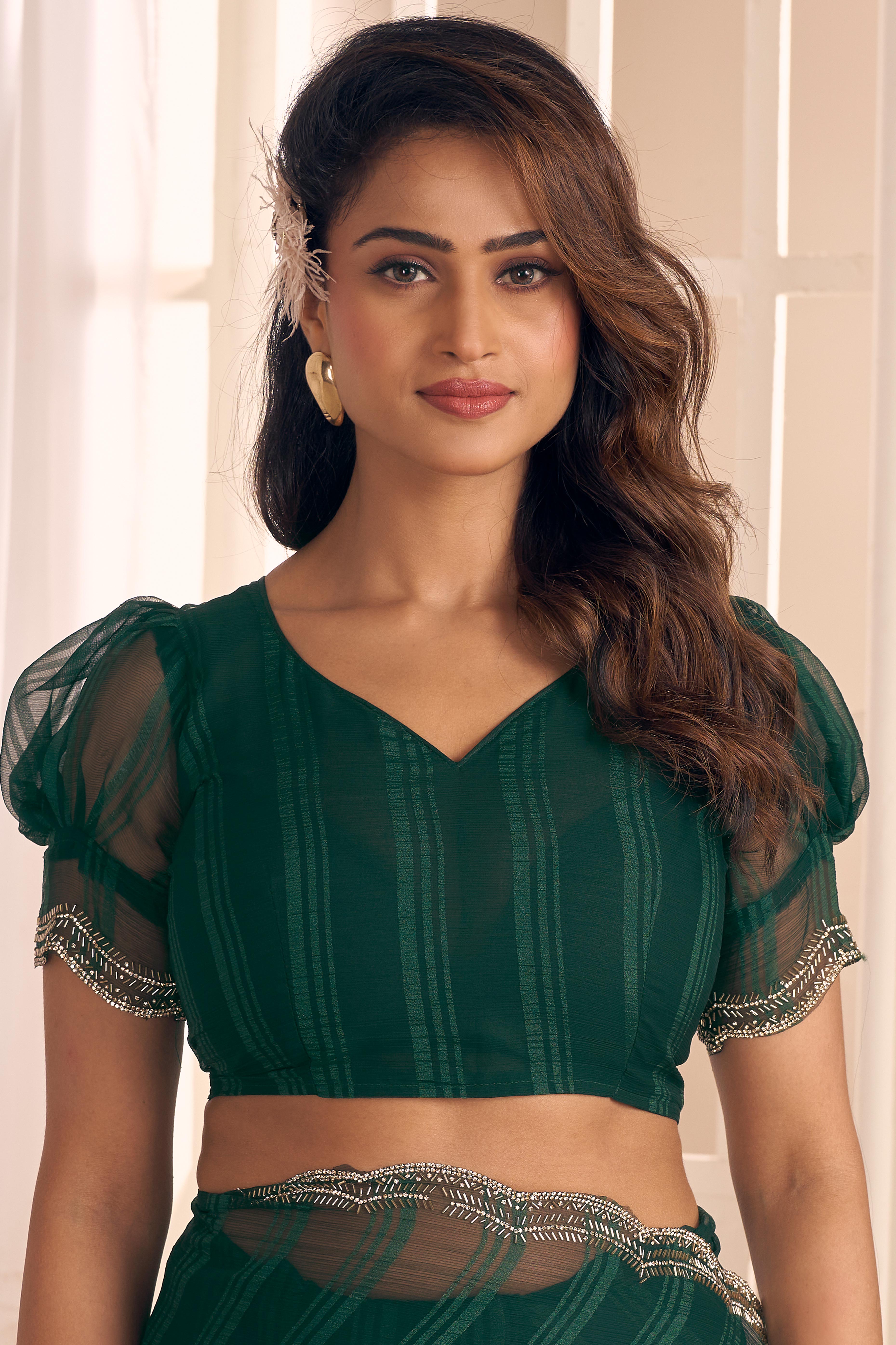 Green Georgette Saree Featuring Contemporary Stripes With A Sparkling Diamond & Beads Work Border