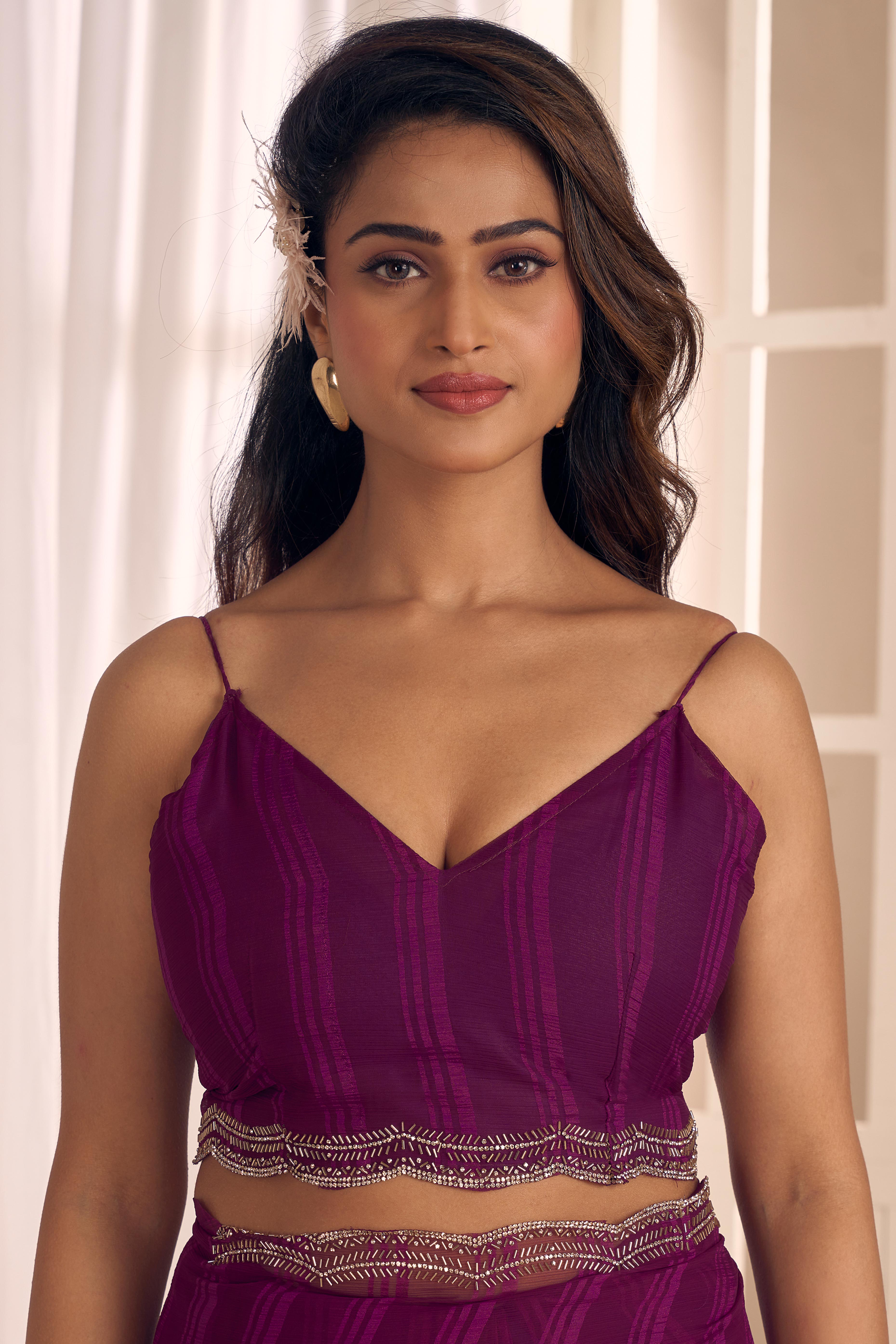 Wine Georgette Saree Featuring Contemporary Stripes With A Sparkling Diamond & Beads Work Border