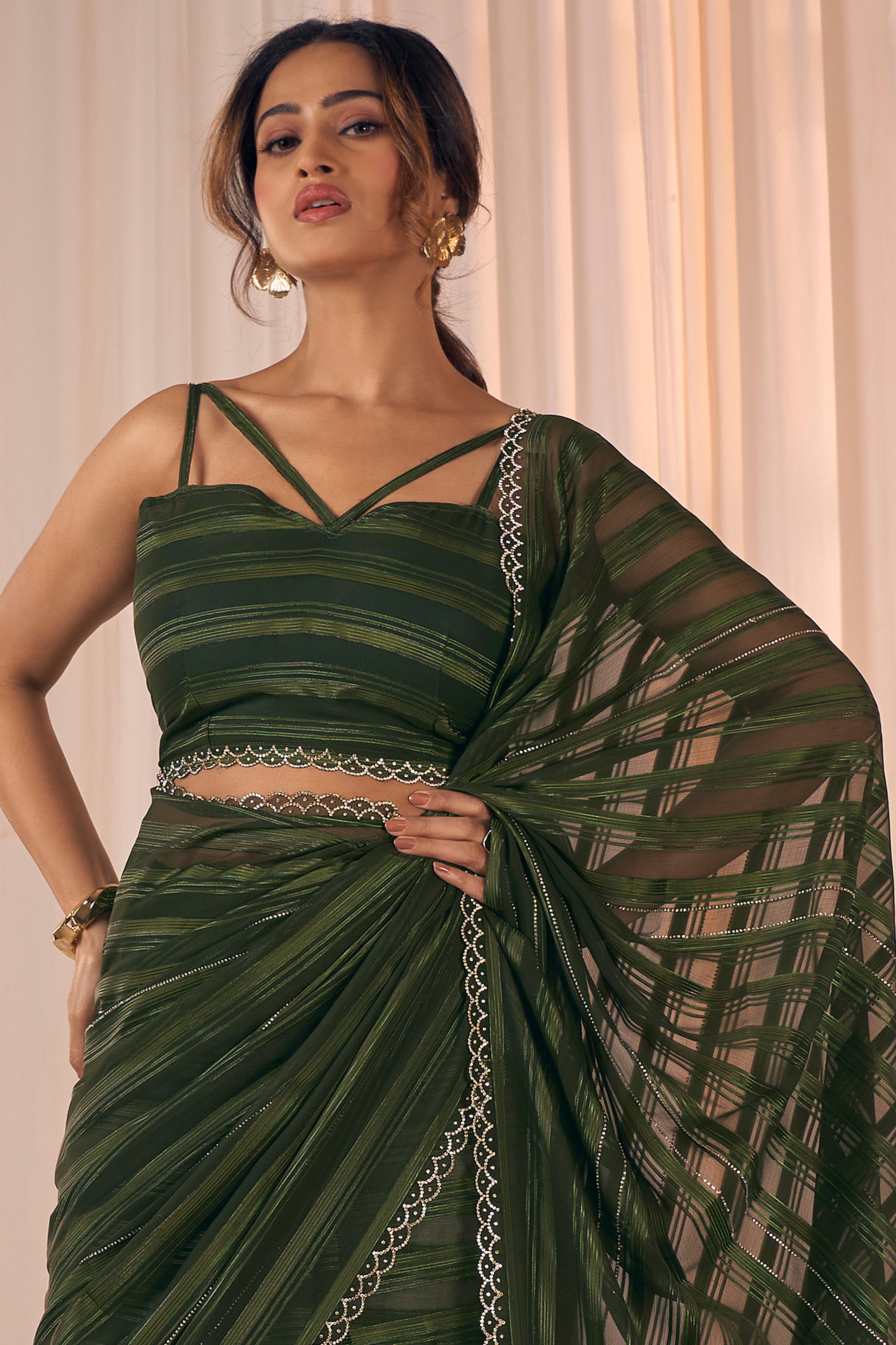Dark Olive Striped Designer Georgette Saree Adorned With An Elegant Zarkan Cutwork Border