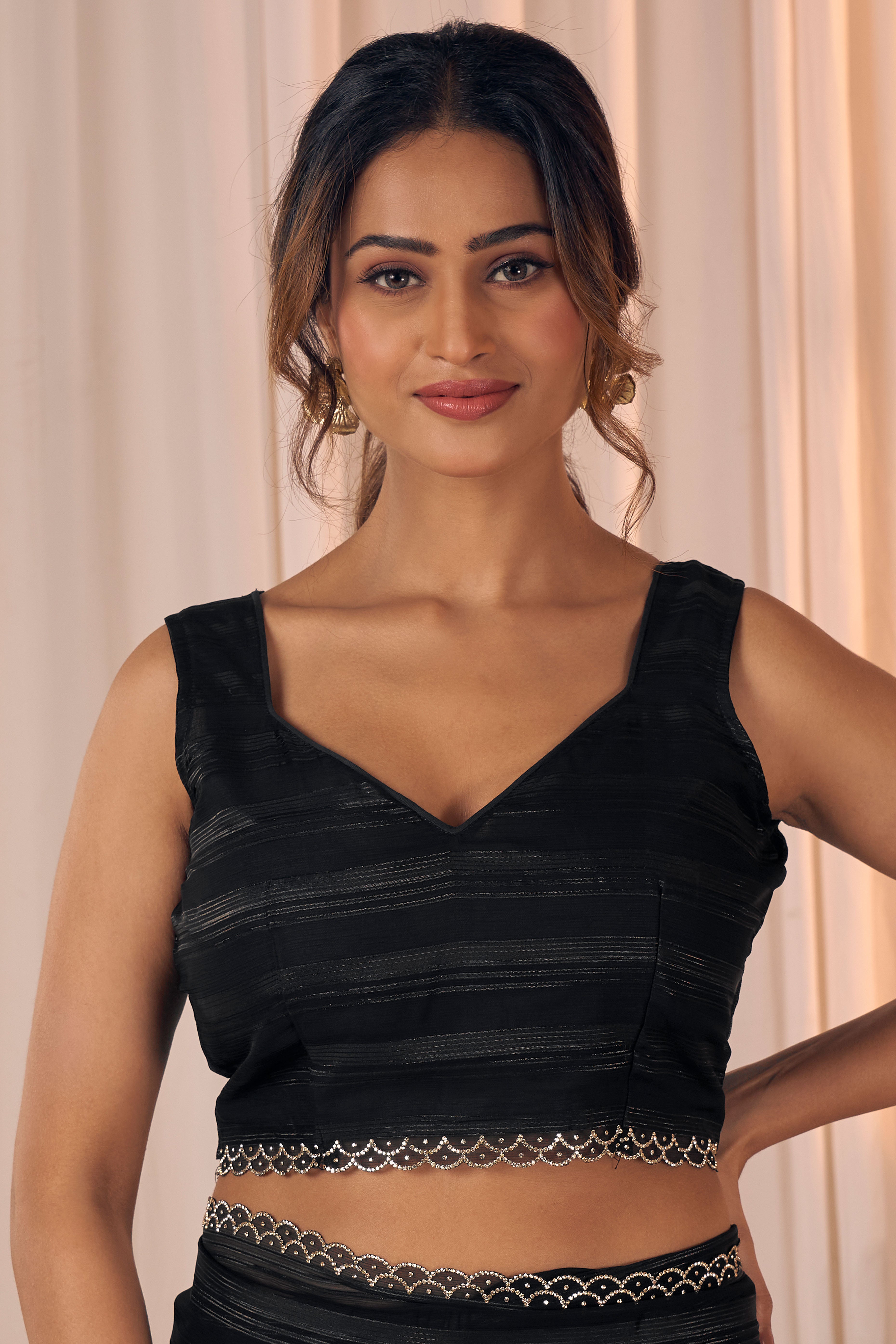 Black Striped Designer Georgette Saree Adorned With An Elegant Zarkan Cutwork Border