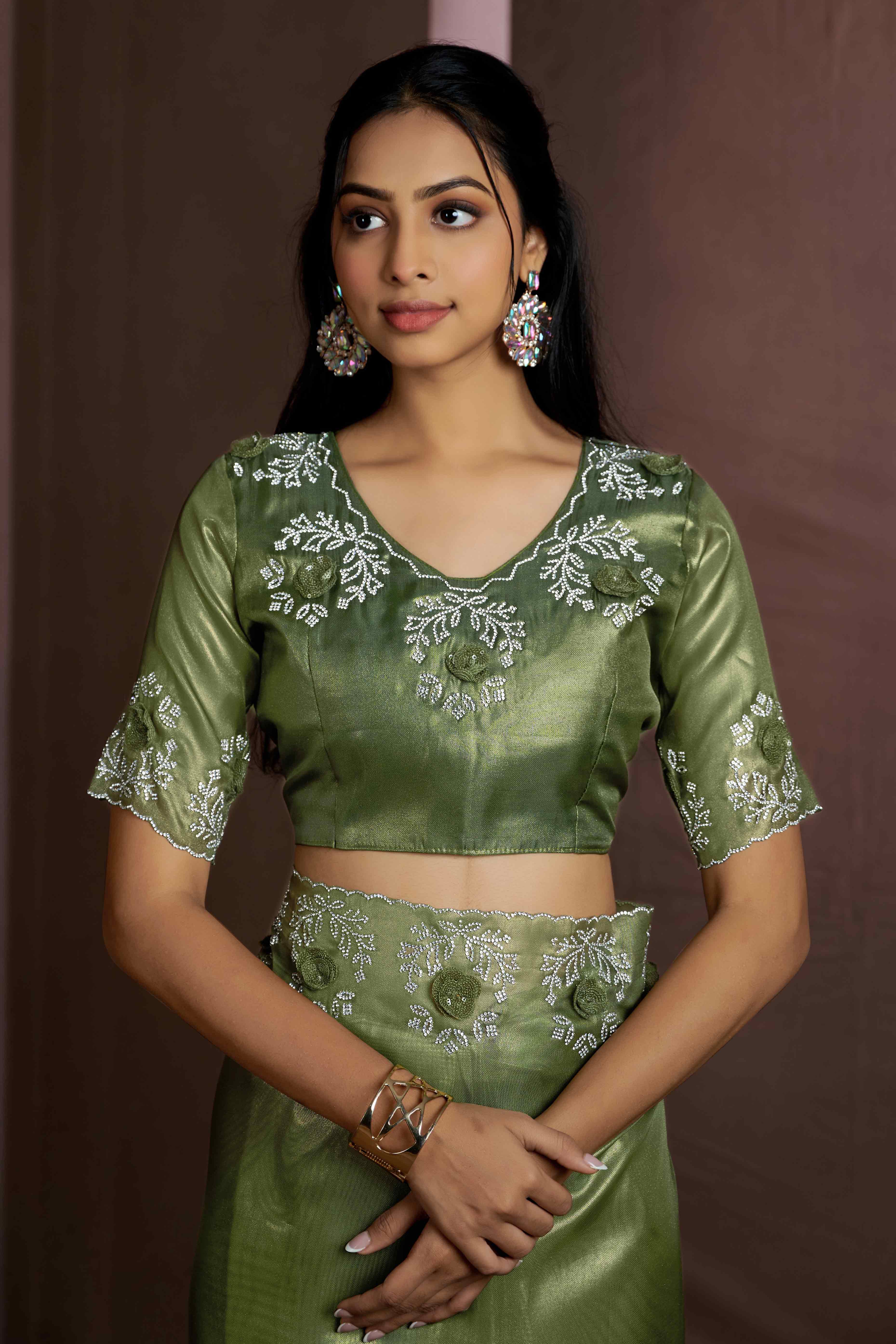 Green Floral Sequins With Zarkan Work Organza Saree