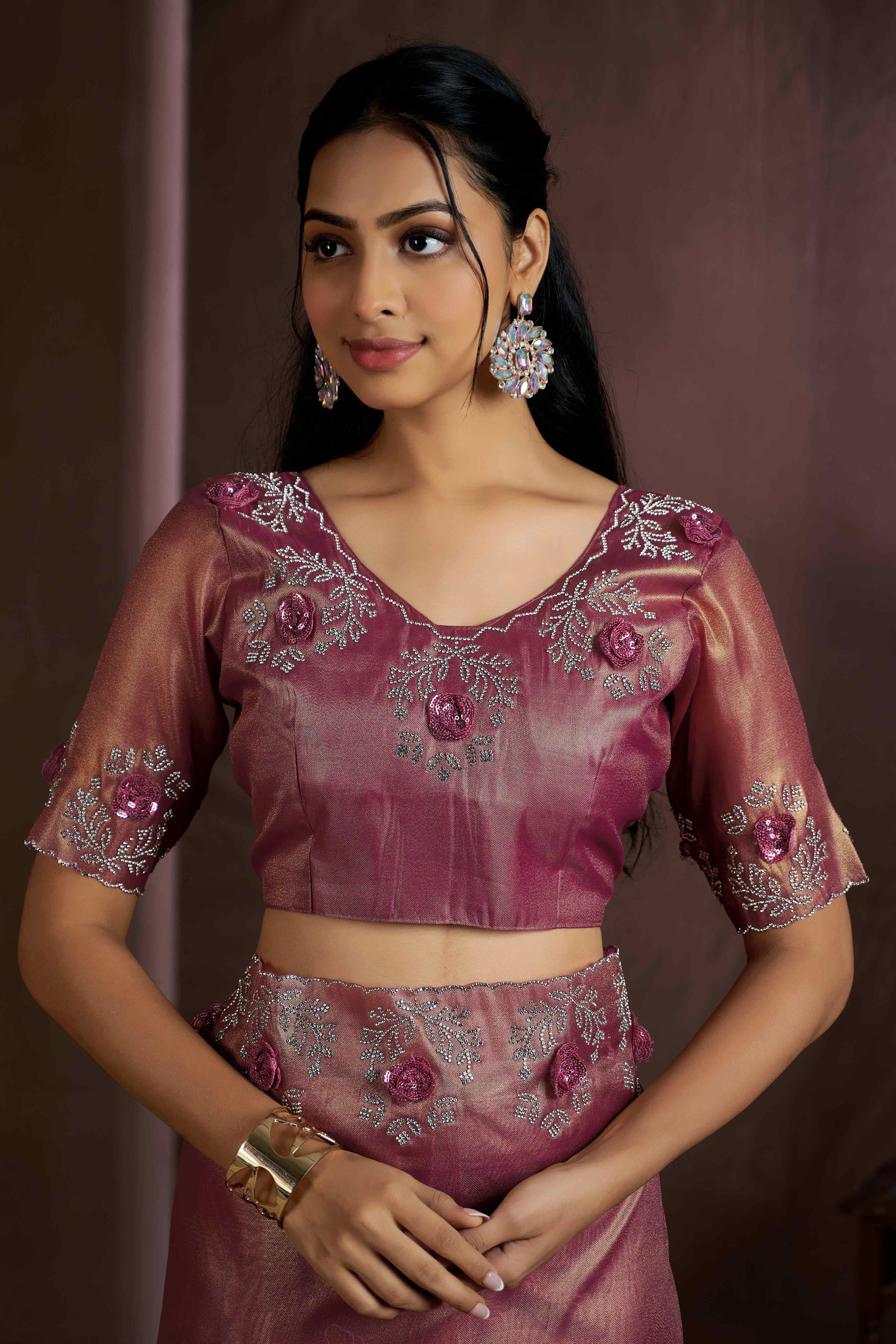 Onion Pink Floral Sequins With Zarkan Work Organza Saree