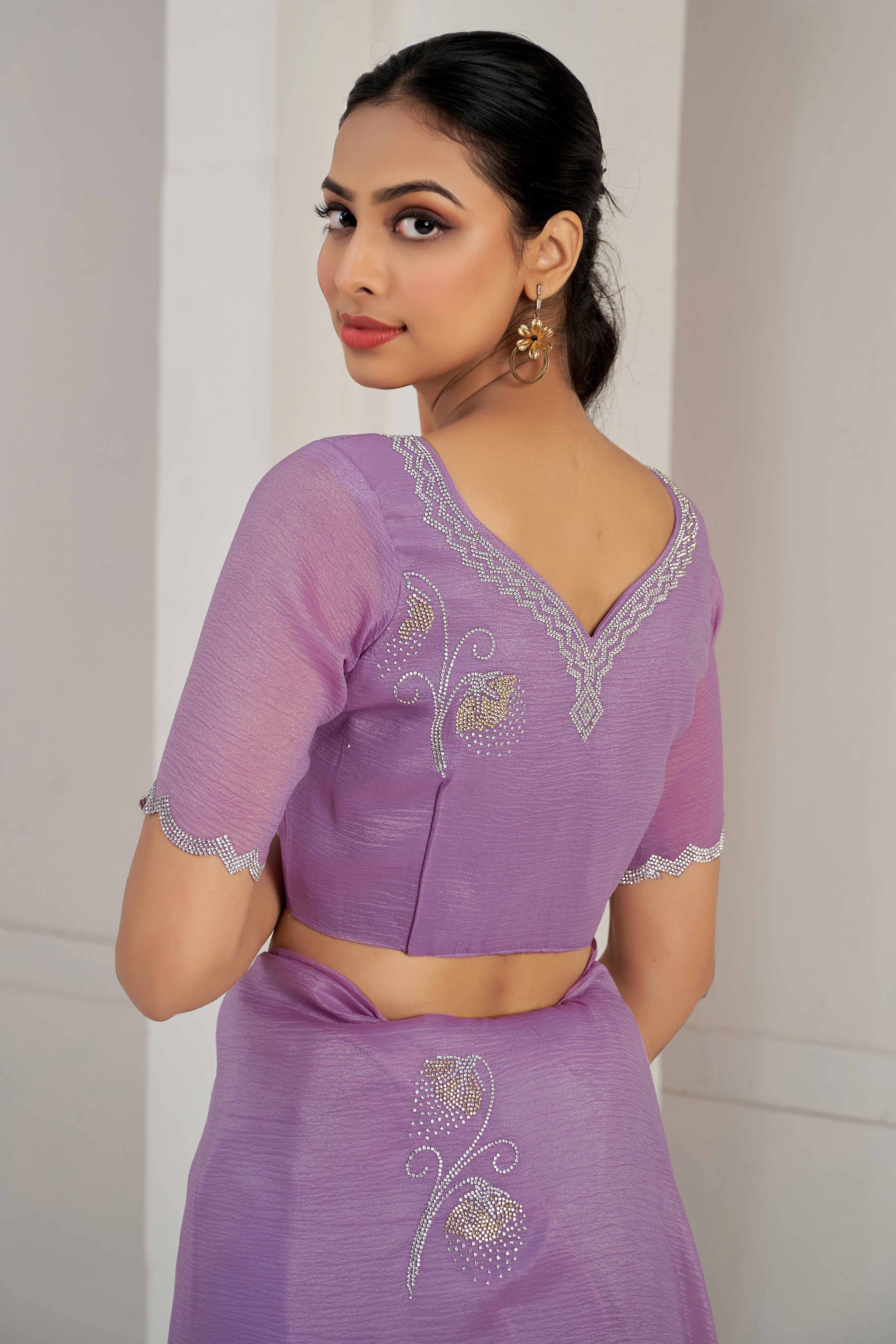 Purple Stone Work Embroidered Crepe Silk Saree