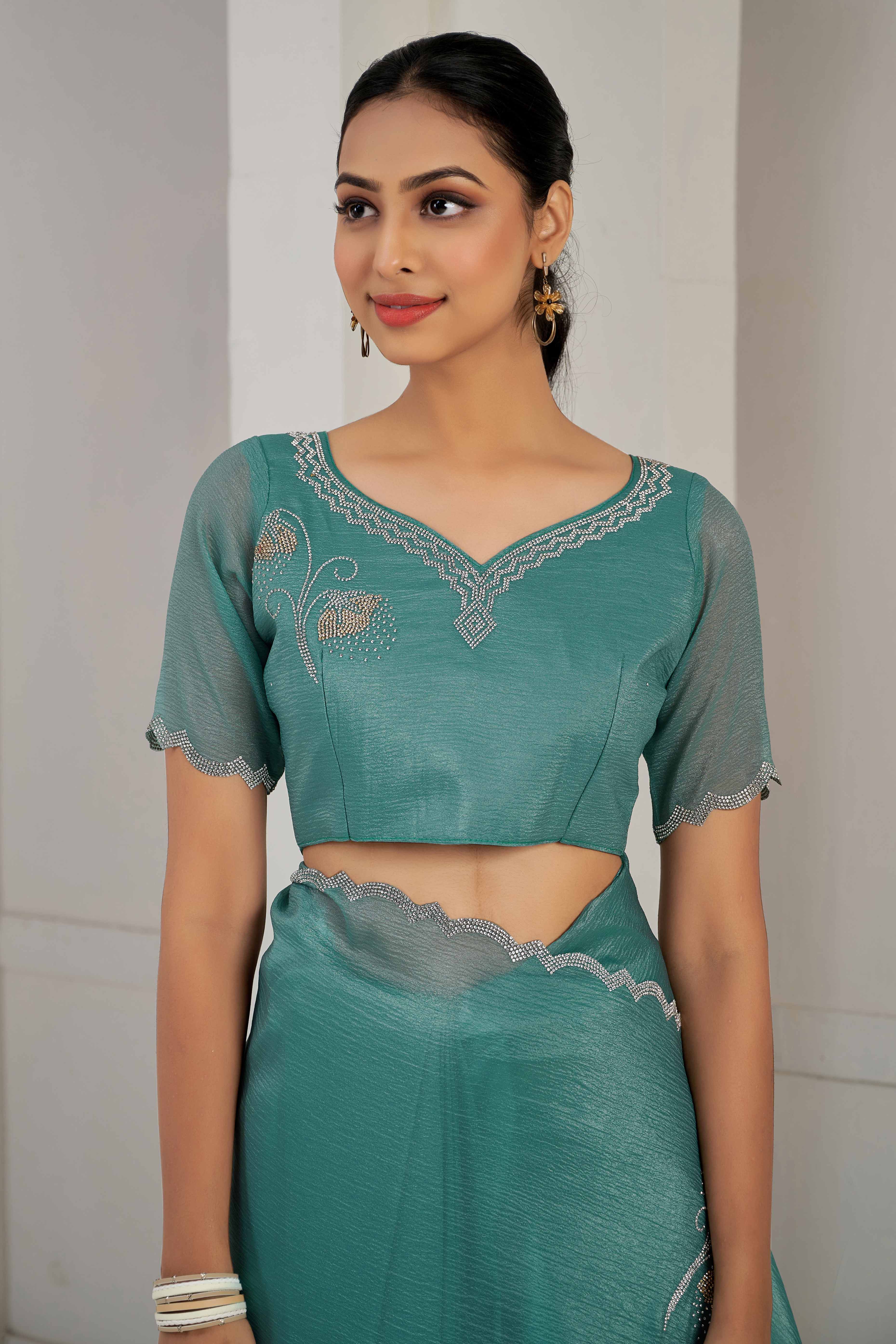Teal Stone Work Embroidered Crepe Silk Saree