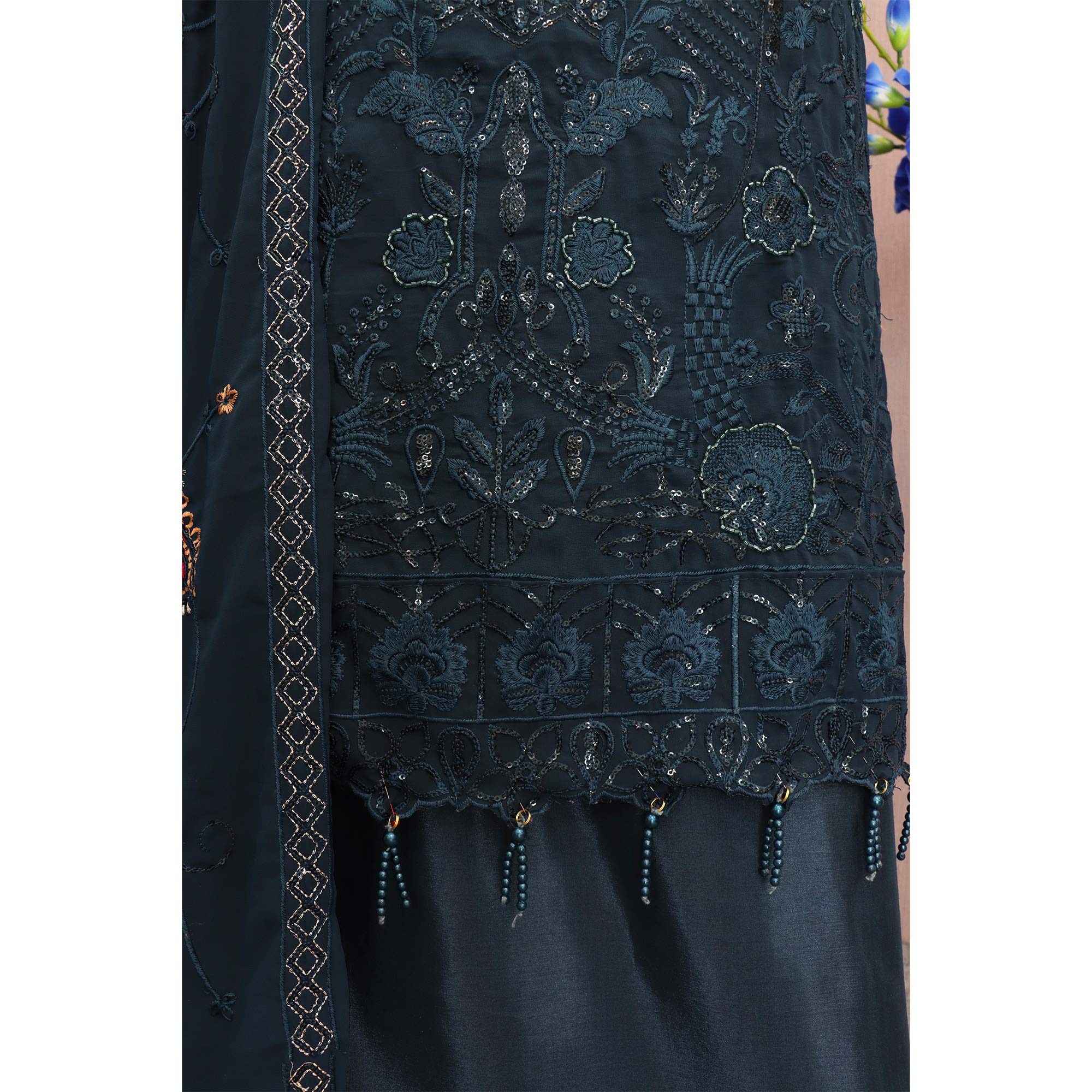 Teal Heavy Embroidered Work Georgette Dress Material