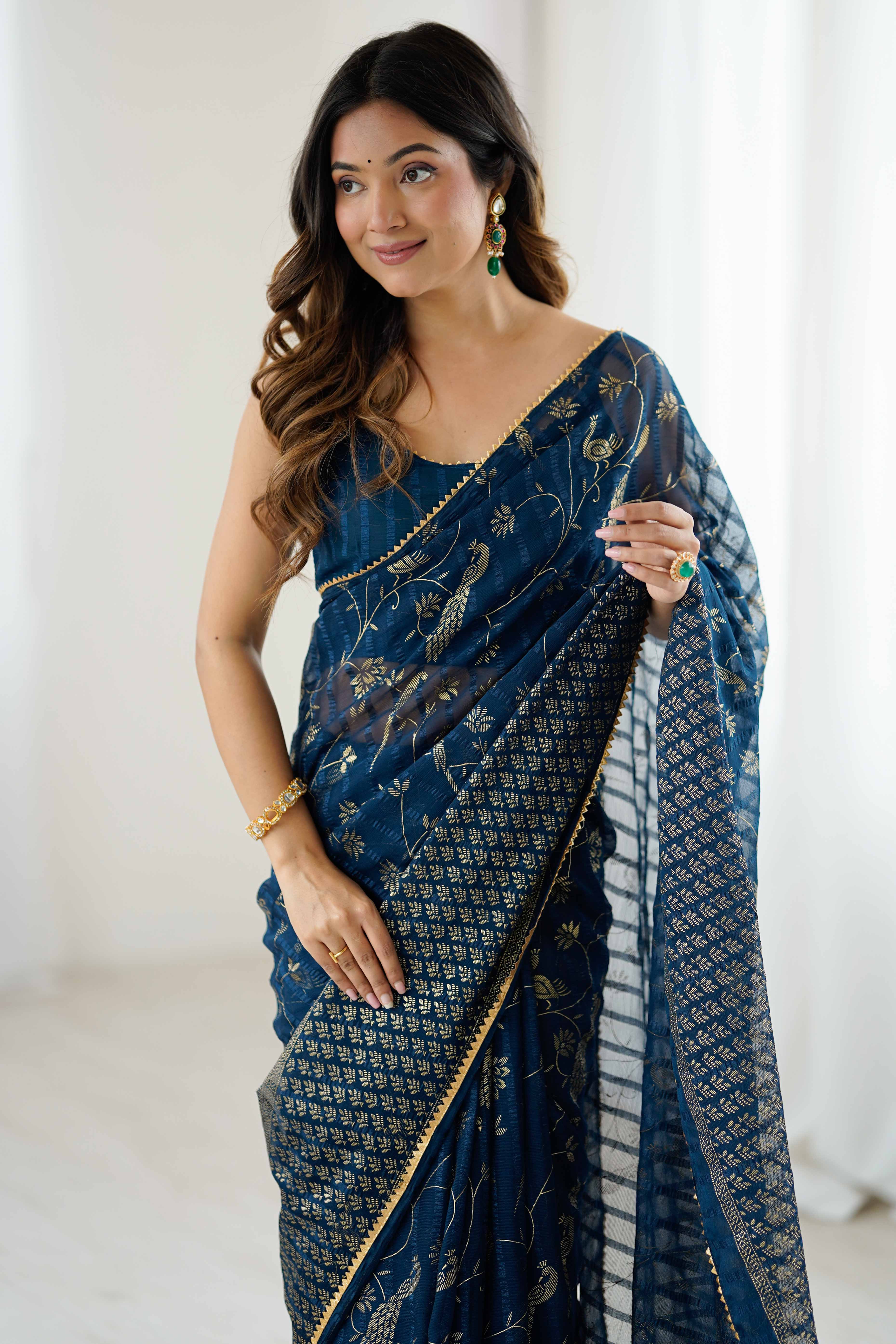 Morpich Blue Georgette Saree with Shimmering Foil Print & Gota Patti Border