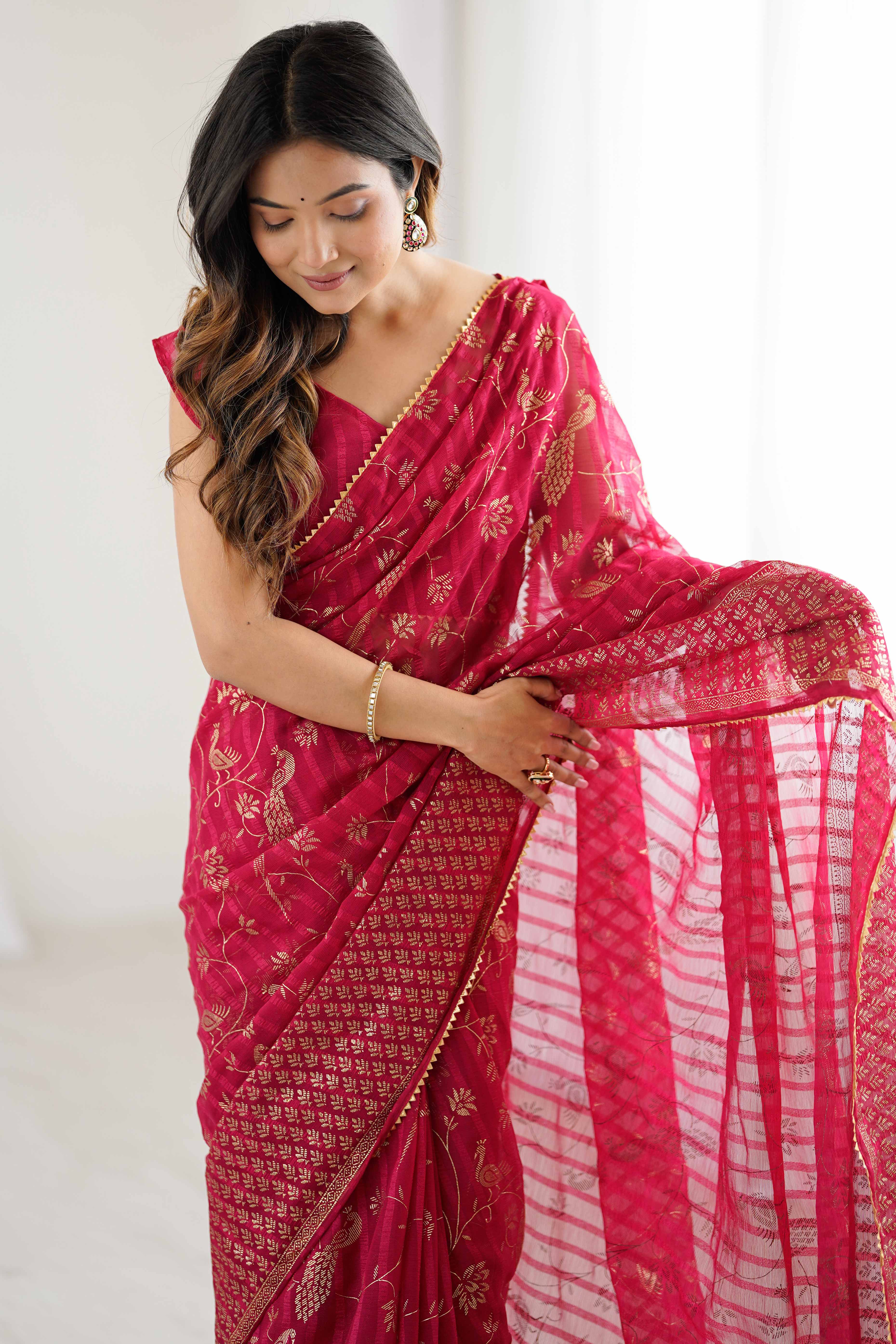 Pink Georgette Saree with Shimmering Foil Print & Gota Patti Border