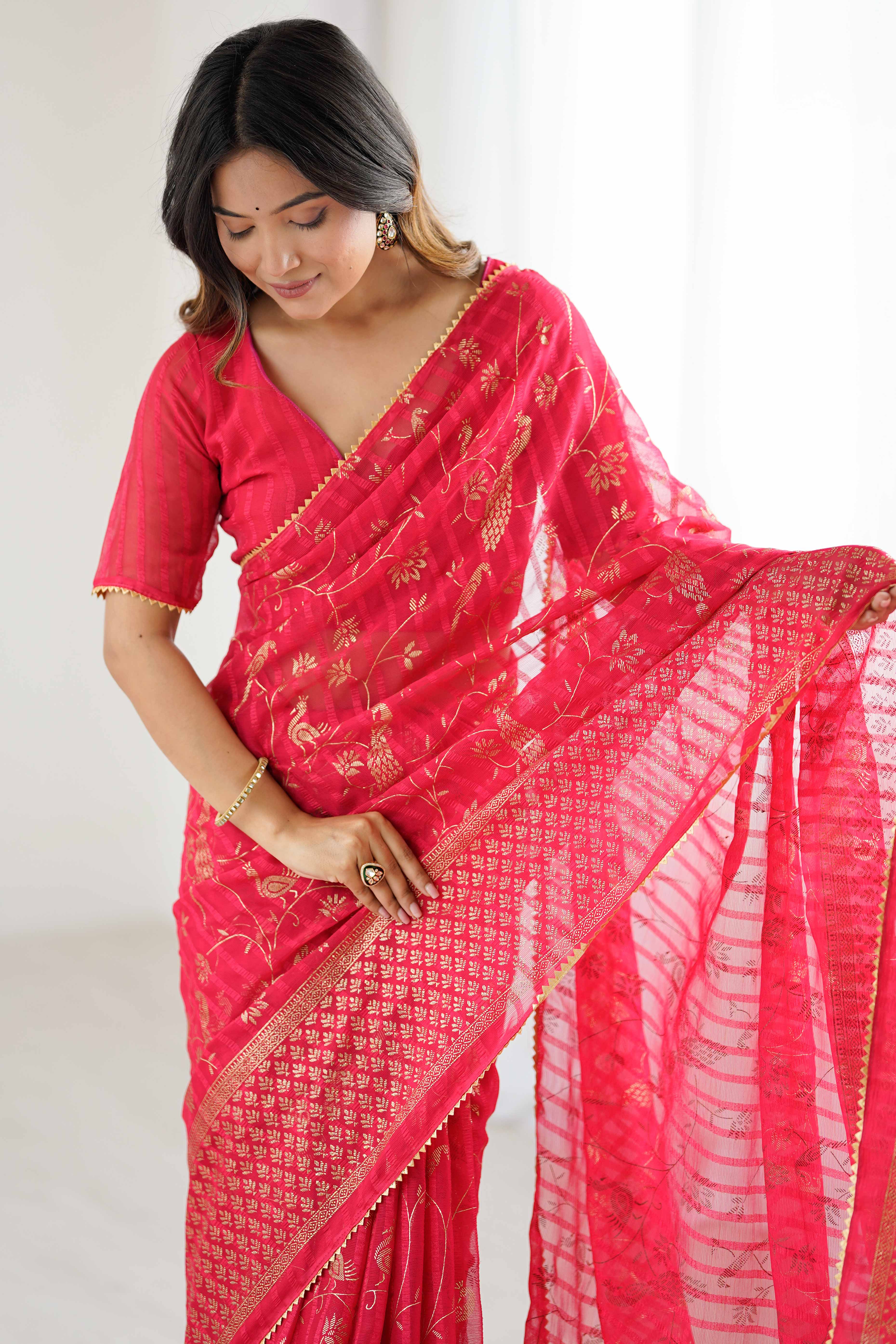Red Georgette Saree with Shimmering Foil Print & Gota Patti Border