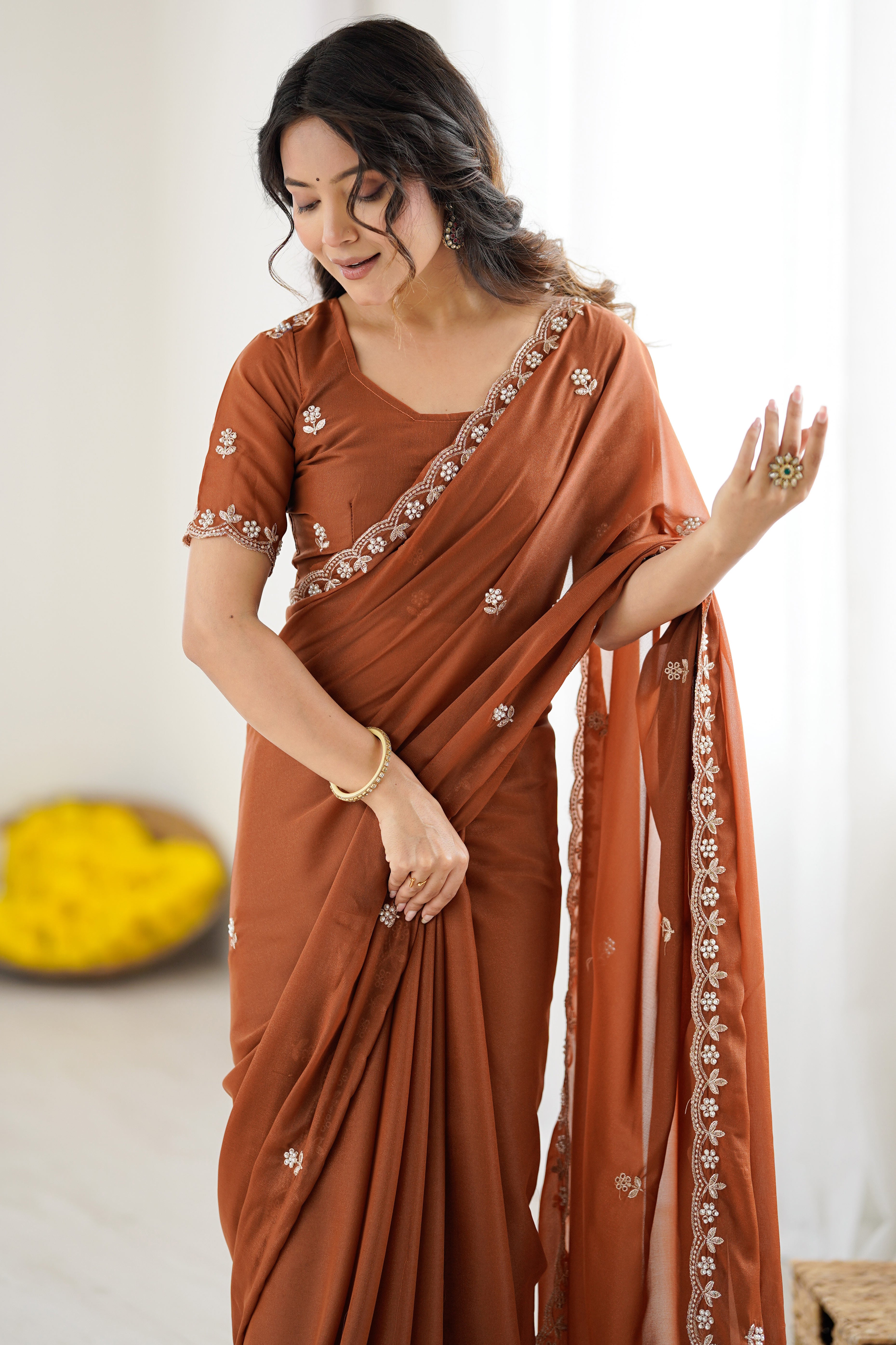 Burgundy Partywear Star Georgette Saree Adorned with Floral Embroidery and Beads Work