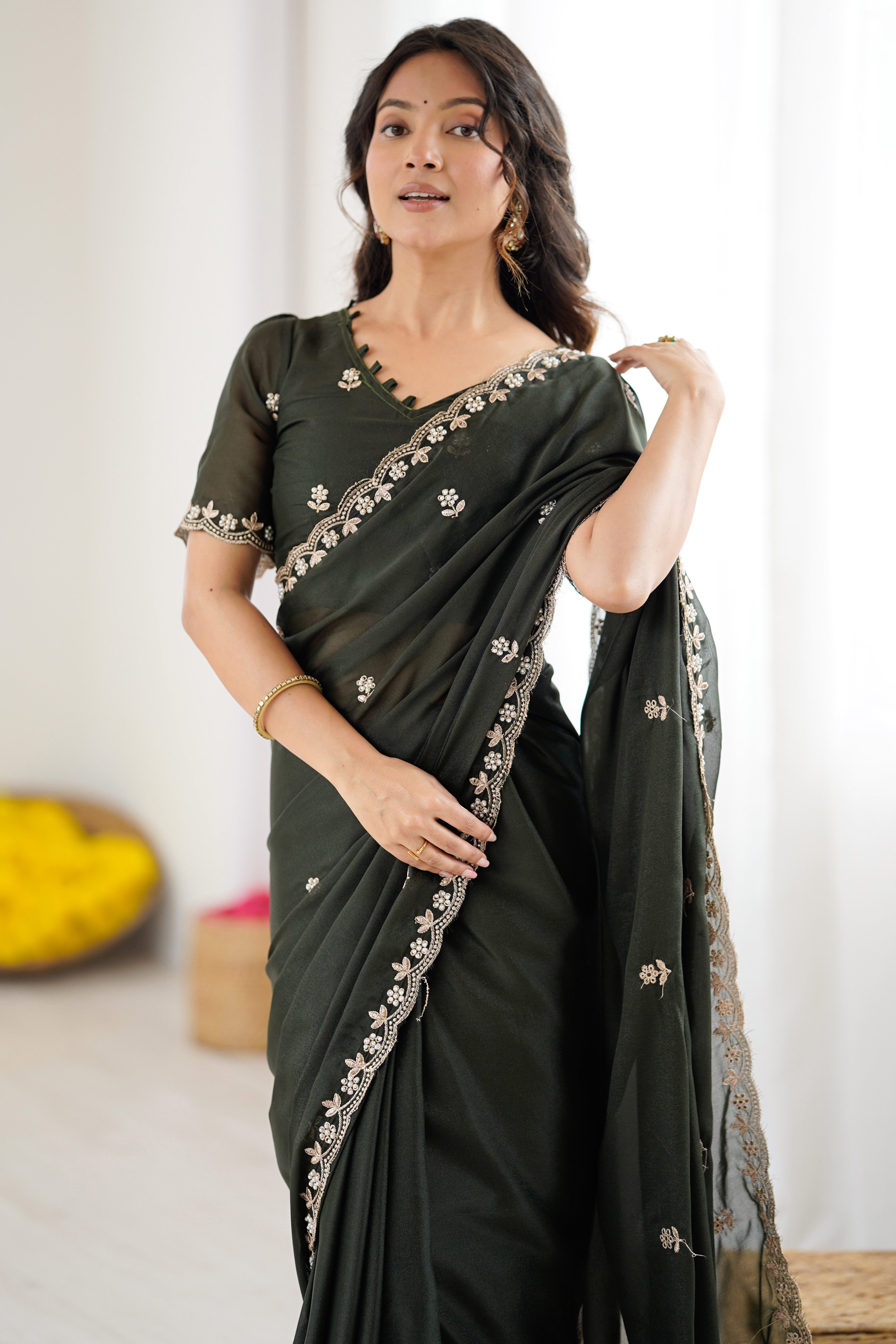 Mehendi Green Partywear Star Georgette Saree Adorned with Floral Embroidery and Beads Work